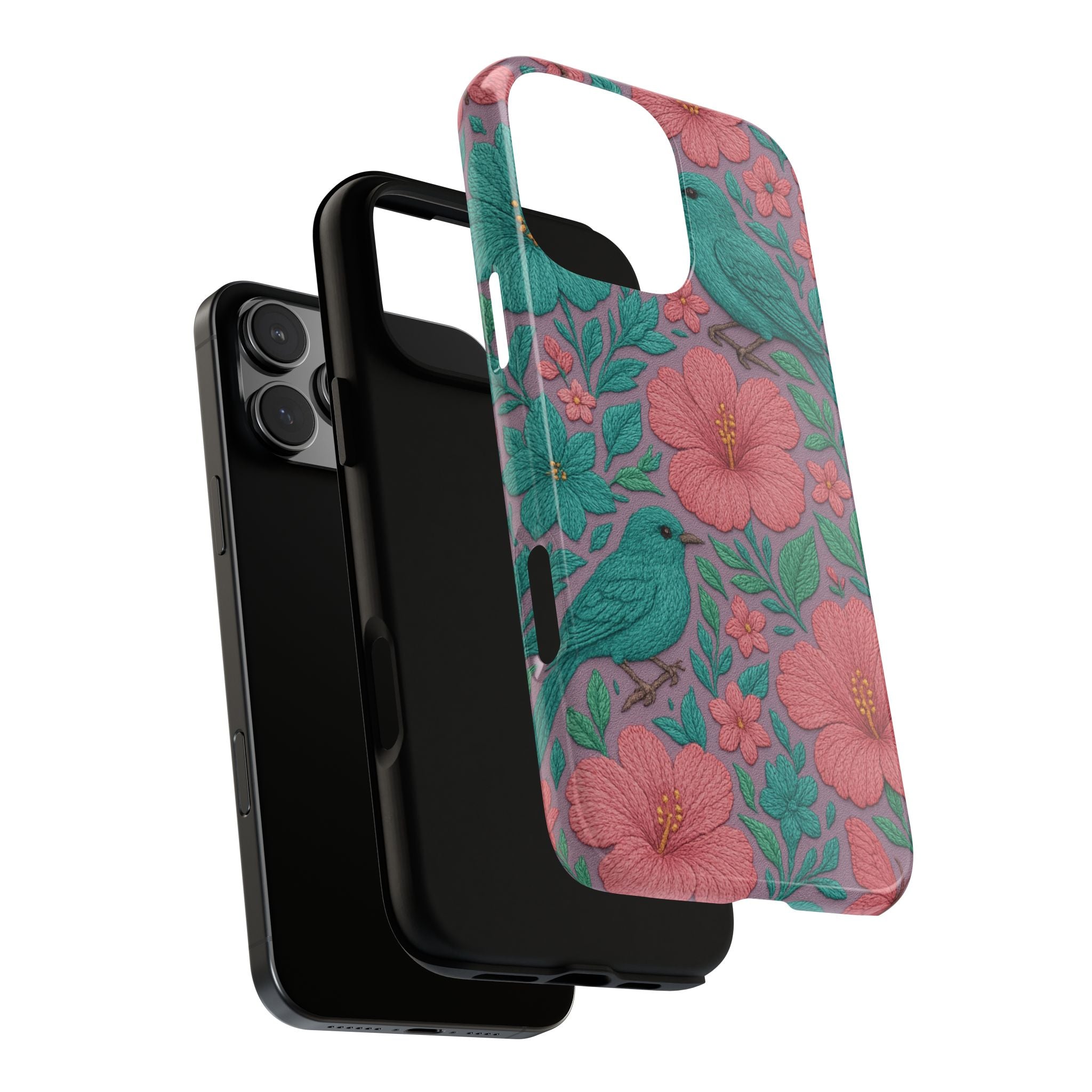Turquoise, Pink and Lavender 3D Embroidery Illusion Phone Case Tropical Flowers, Birds & Butterflies Cover with Bold, Realistic Floral Texture iPhone, Samsung