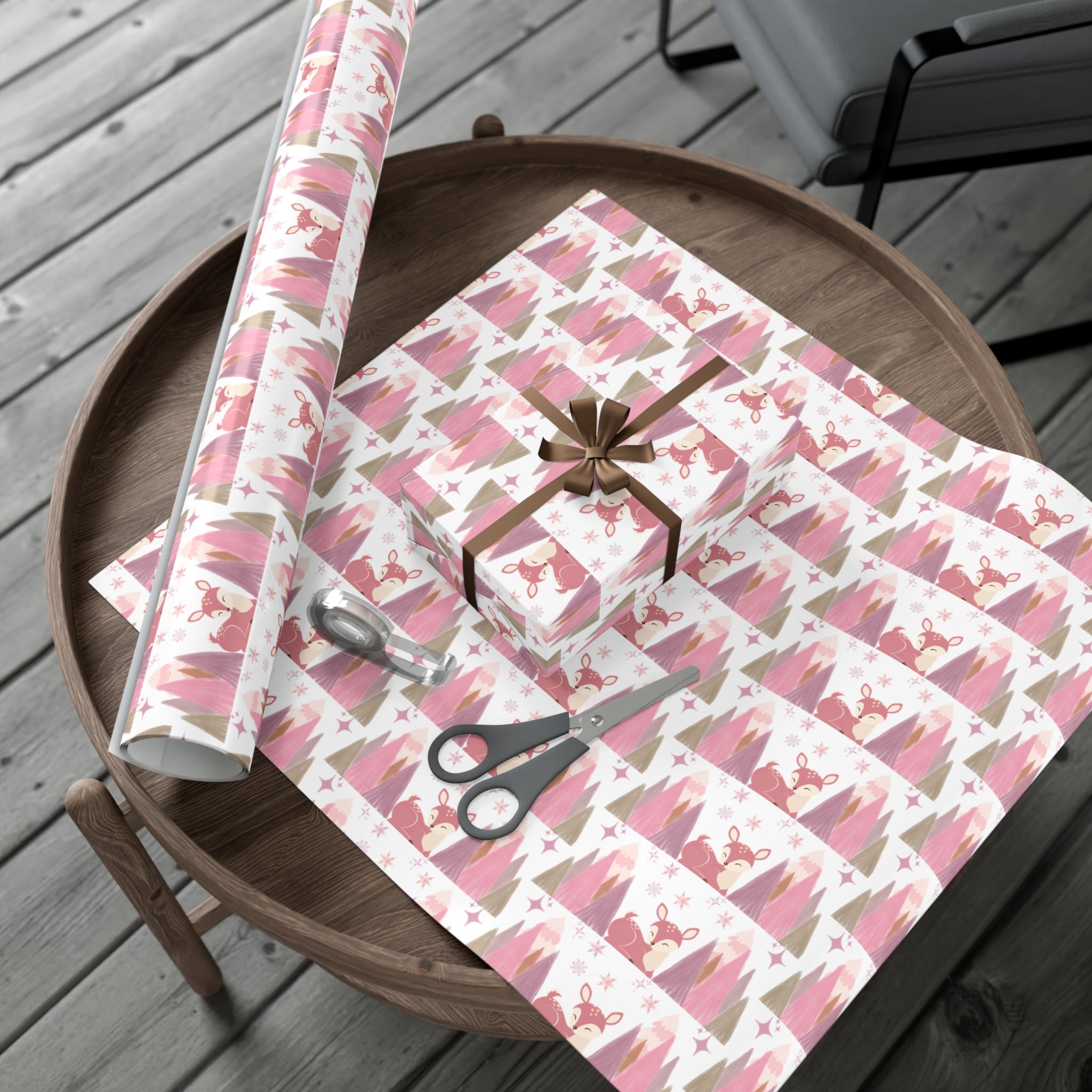 Pink and Lavender Deer Wrapping Paper, Whimsical Christmas Gift Wrap, Pastel Holiday Paper, Winter Wonderland Theme, Elegant Xmas Packaging