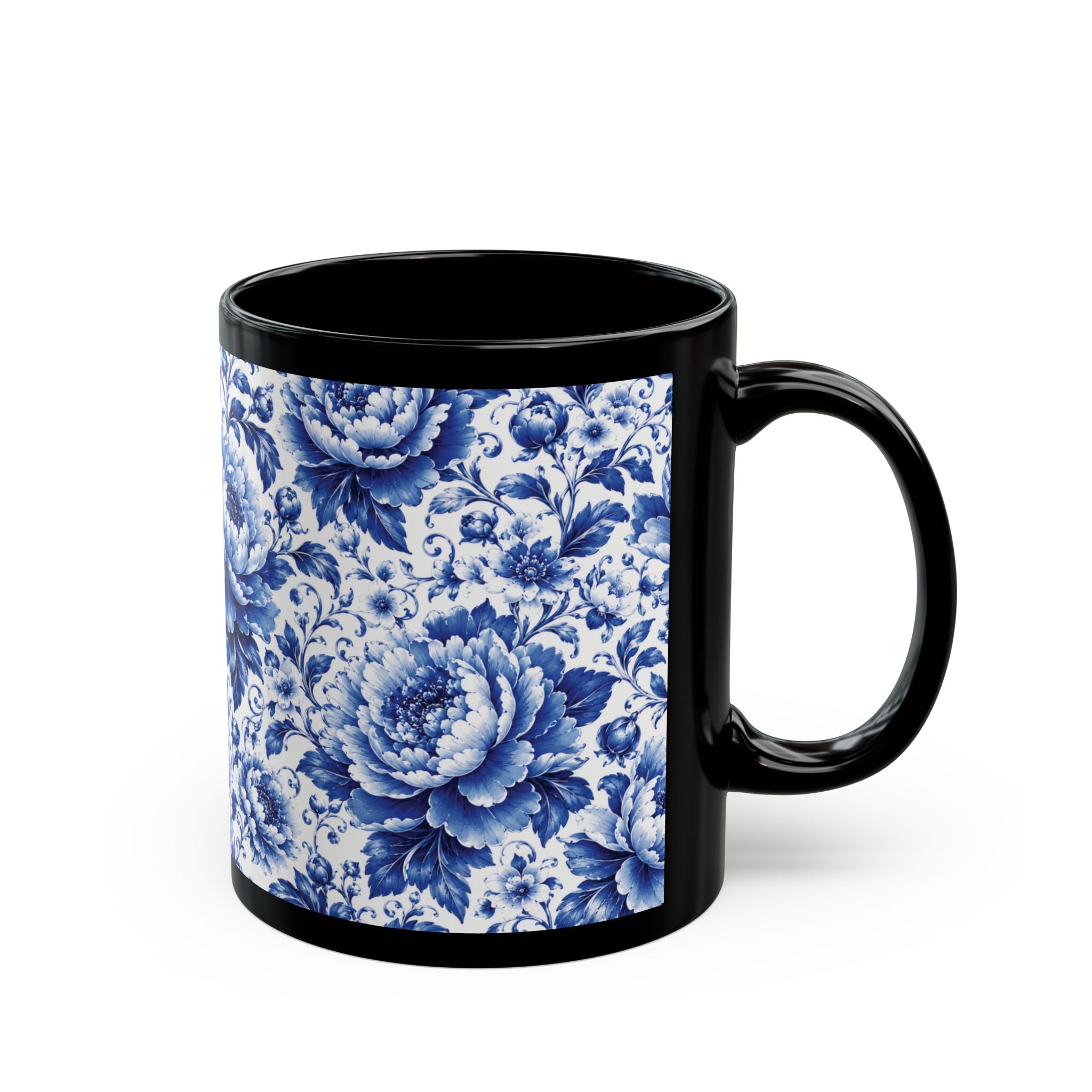 Blue Floral Porcelain Pattern Mug Elegant Black Ceramic Coffee Cup (11oz/15oz) Blue & White Chinoiserie Tea Cup
