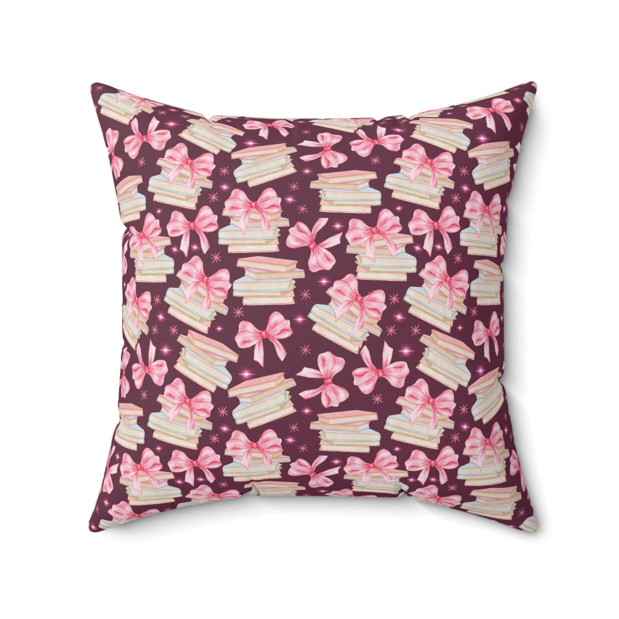 Boho Elegant Coquette Pink Bows & Books Square Pillow Vibrant Floral Design Soft and Stylish Decorative Throw Pillow for Boho-Inspired Home Décor Bridal Shower