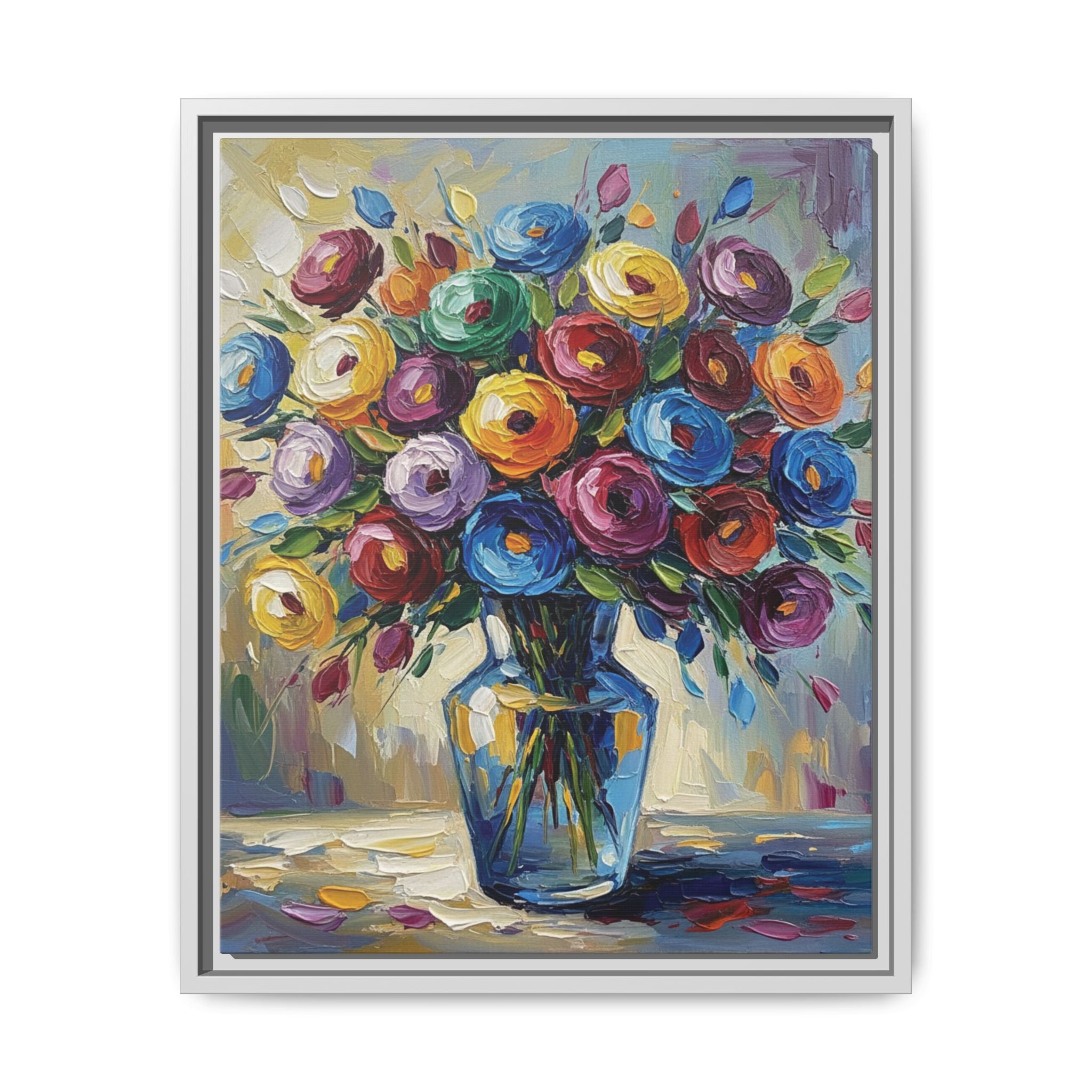Impression sur toile bouquet floral aquarelle - Tableau mural encadré mat - Illusion de peinture à l'huile vibrante