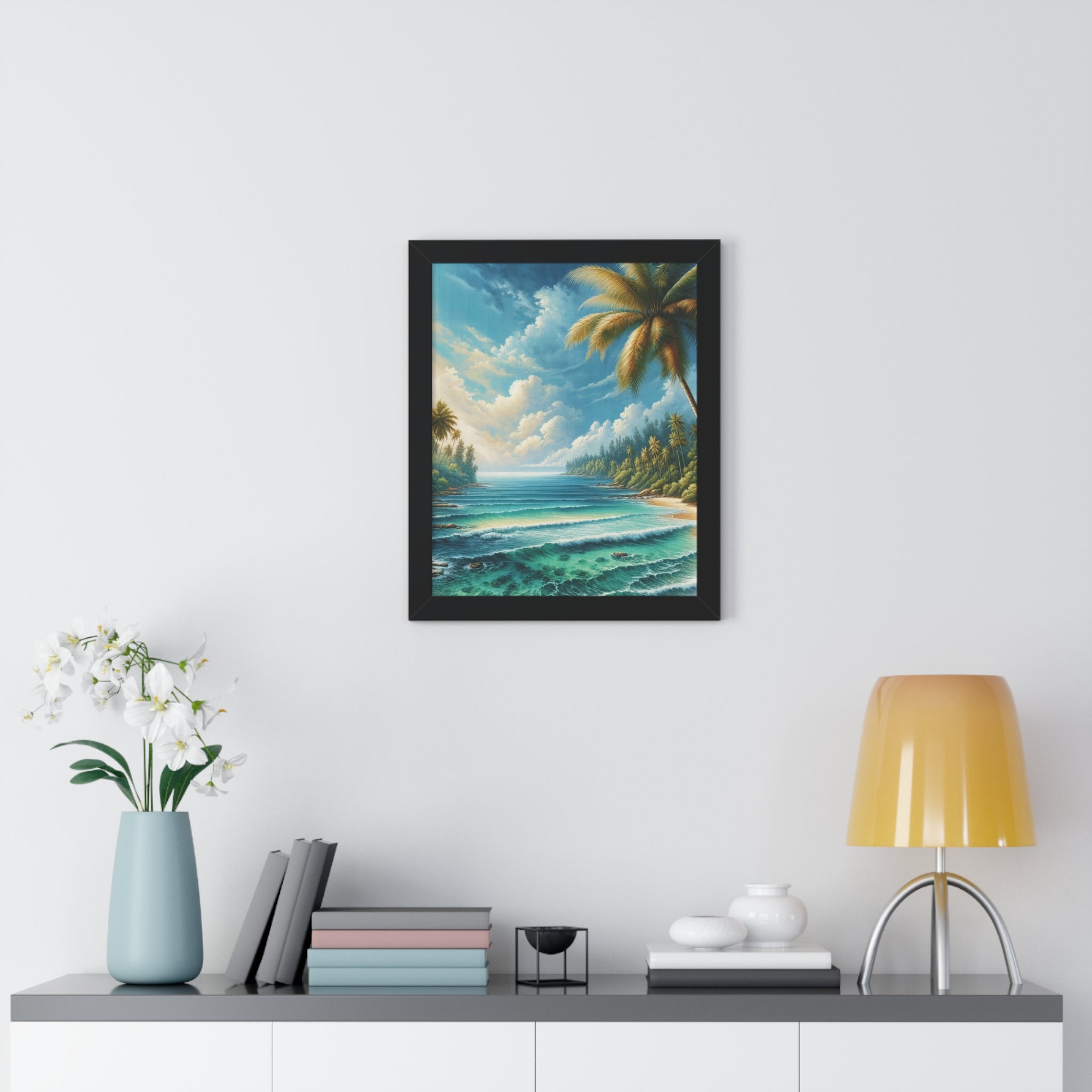 Coastal Bliss Ocean Beach View Framed Canvas Wall Art for Home Decor Framed Canvas Print Wall Art Classic Encased in Black, White, or Walnut Frames with Durable Acrylic Protection Ready to Hang  Timelessly Crafted..