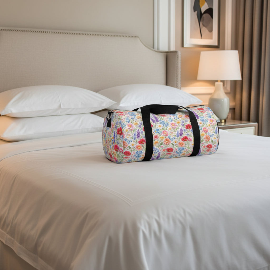 Floral patterned duffel bag with black straps on a white background