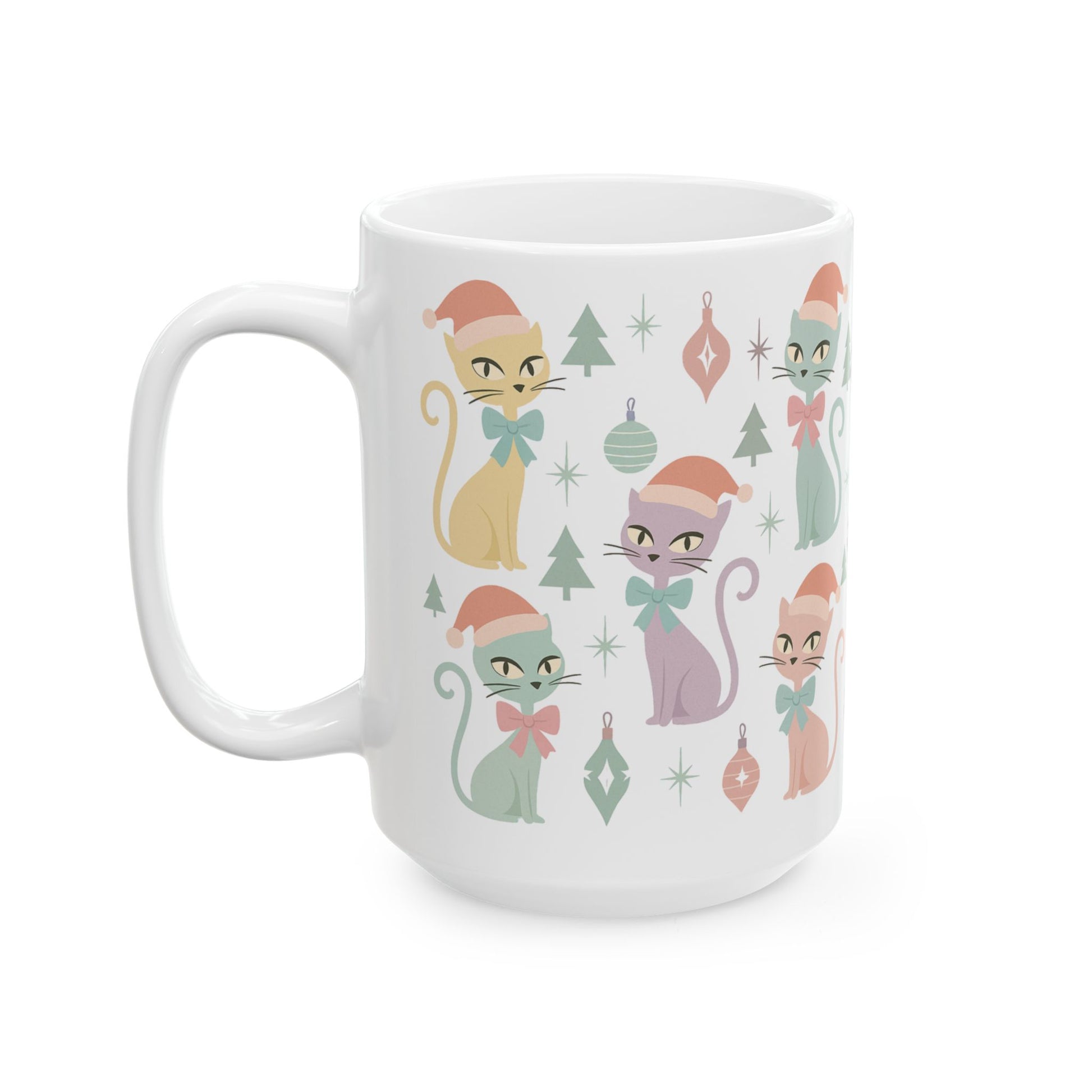 Pastel Atomic Cat Mug, Retro Mid Century Modern Coffee Cup, Vintage Kitty Design with Coquette Bow, 11oz & 15oz Ceramic Mug for Cat Lovers