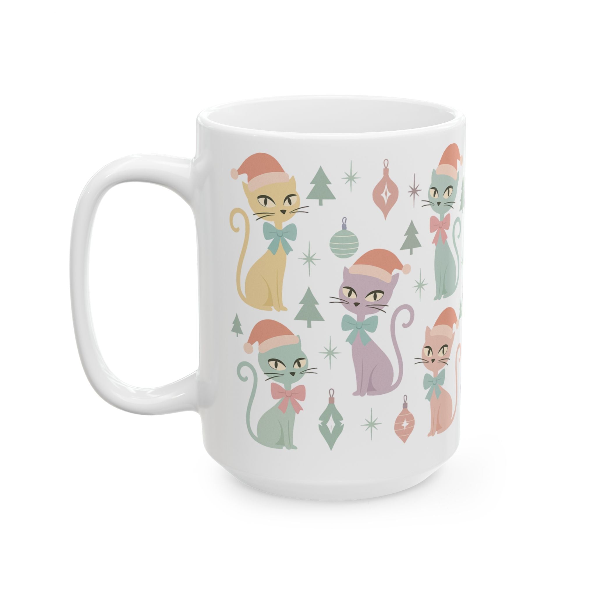 Mug Chat Atomique Pastel, Tasse à Café Rétro Moderne du Milieu du Siècle, Motif Chat Vintage avec Nœud Coquette, Mug en Céramique 11oz & 15oz pour Amoureux des Chats
