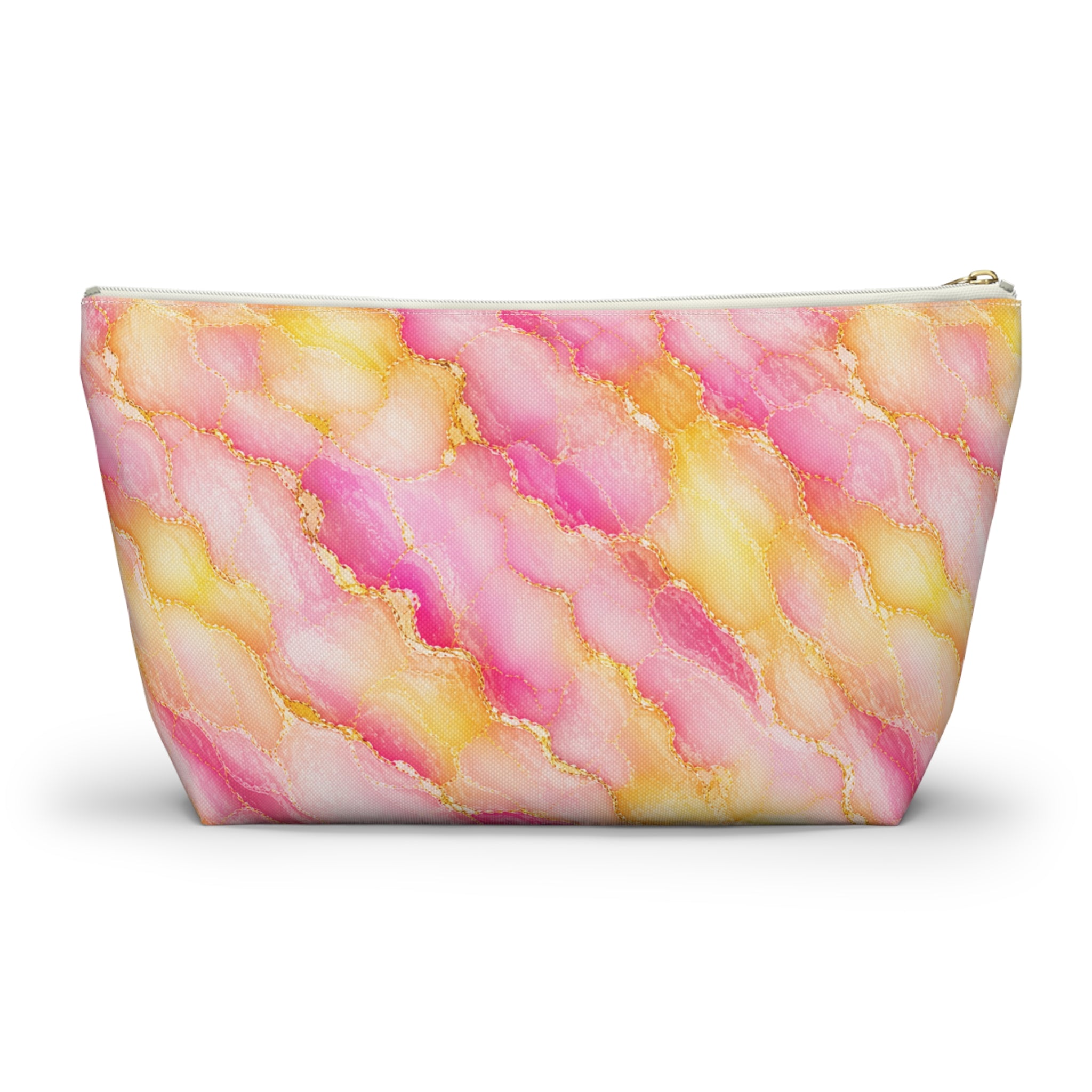 Trousse de Maquillage en Marbre Aquarelle Rose et Or – Sac à Accessoires à Fond Plat