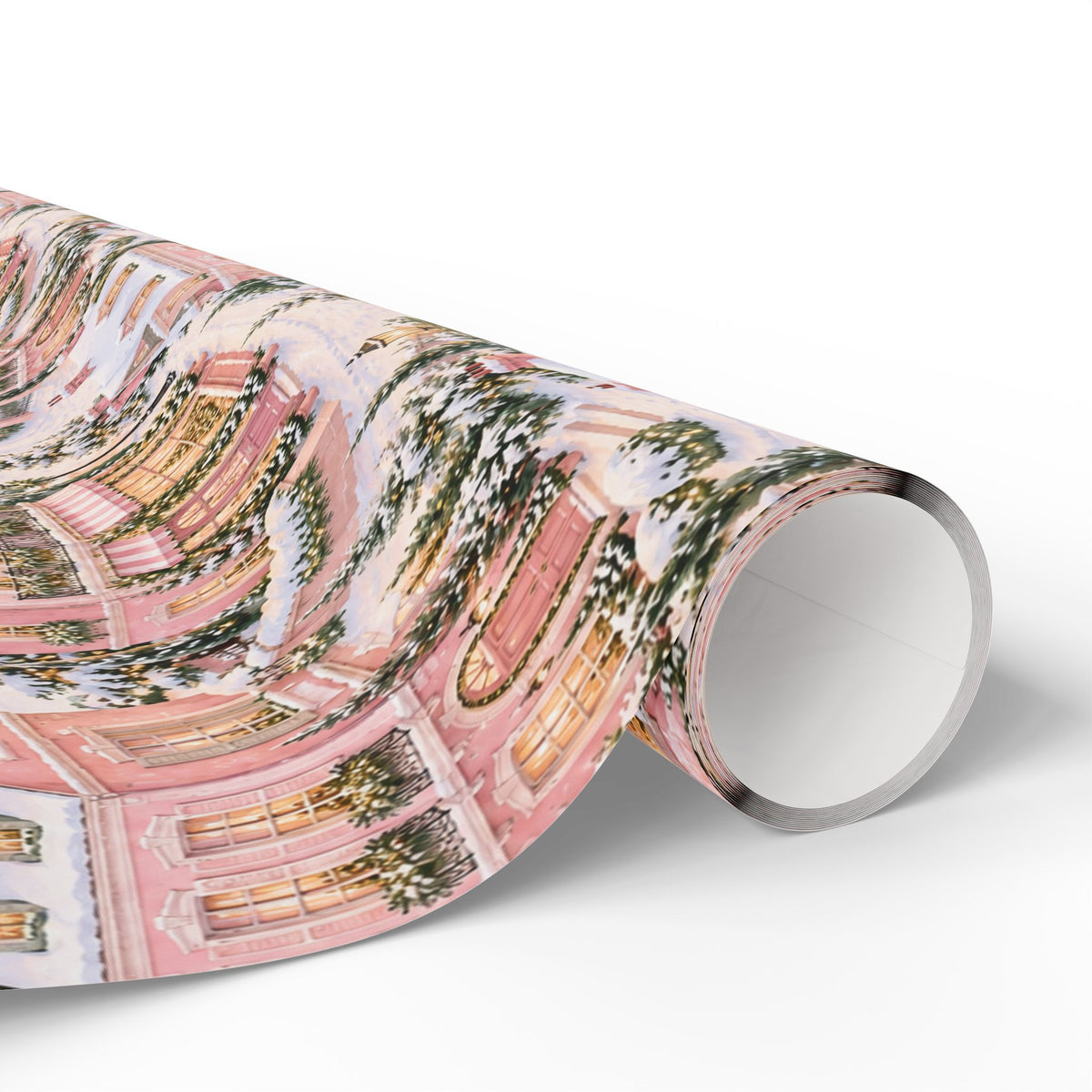 Wrapping Paper — Pink Snowy Village Holiday Gift Wrap (Festive Cottage Pattern)