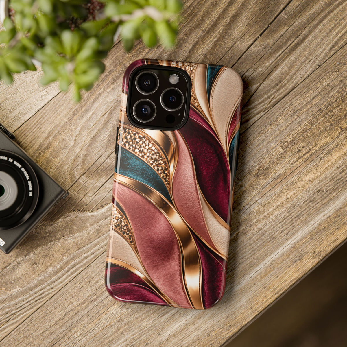 Lux Marble Waves Phone Case Metallic Burgundy, Teal Gold Protective Cover iPhone 18