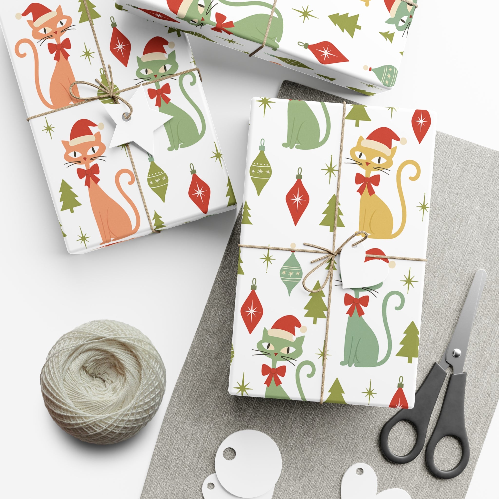 Christmas Atomic Cat Wrapping Paper, Retro Gift Wrap, Pastel Mid-Century Kitty Design, Vintage Holiday 30x20, 30x72, 30x144 Perfect for all Occasion