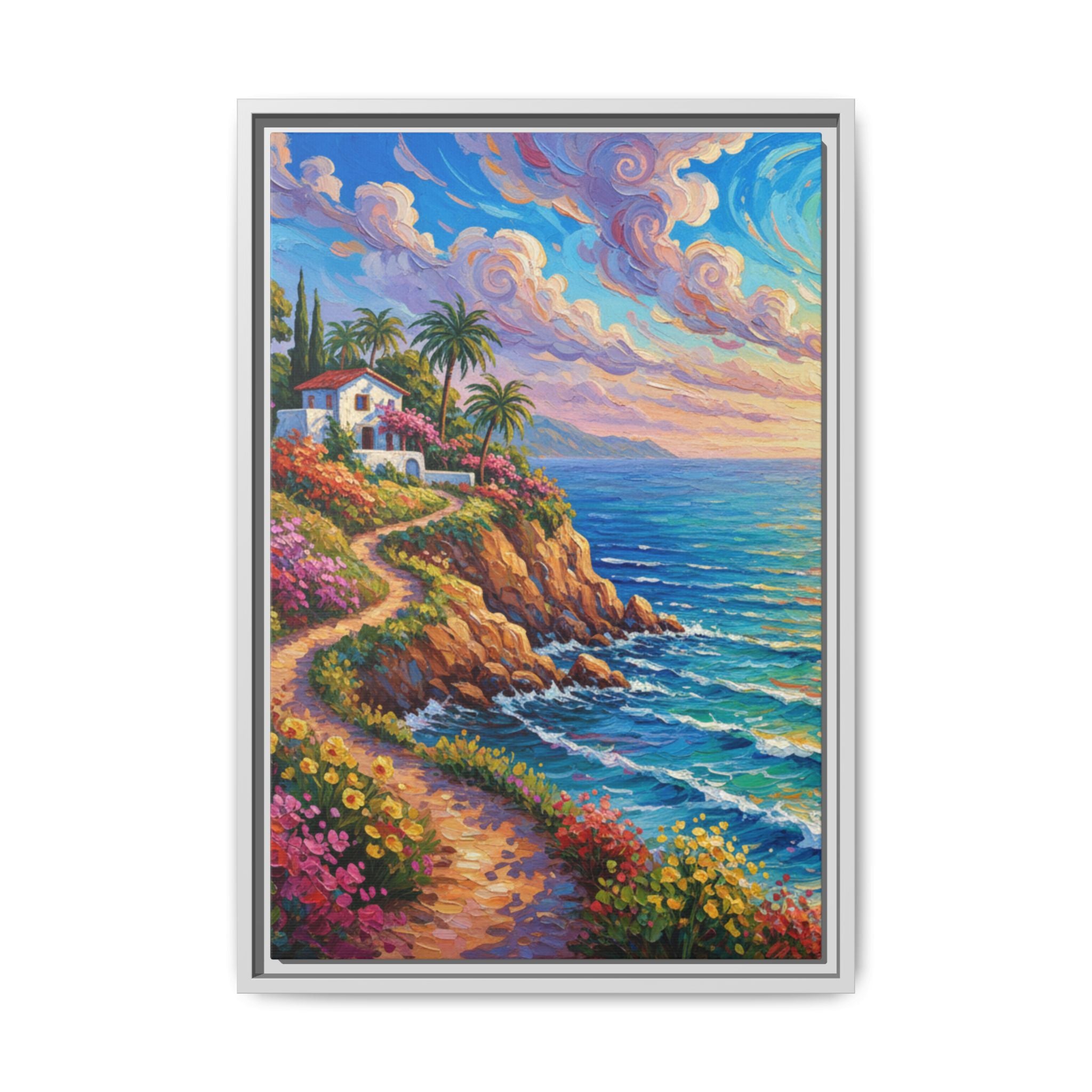 Ocean Floral Print Canvas | Bright Colorful Seascape Wall Art, Framed Matte Office Art Work
