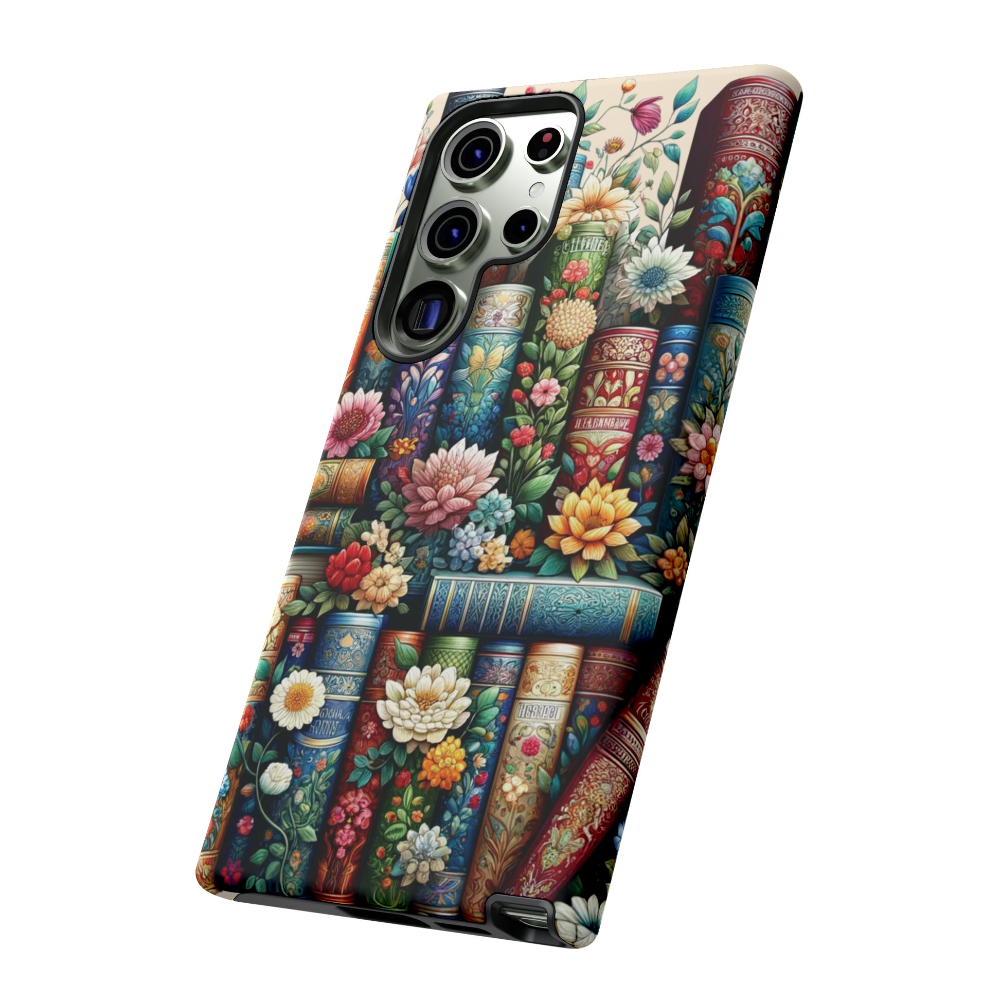Books and Floral Boho Luxury Phone Tough Case Floral Elegant Durable Stylish for Modern Devices iPhone 15, Samsung iPhone Samsung Accessory Gift for Her.