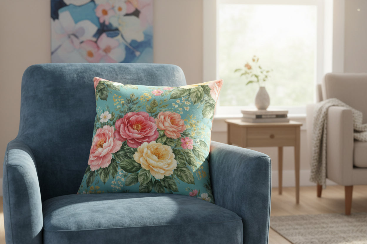 Floral patterned pillow with pink and yellow flowers on a blue background