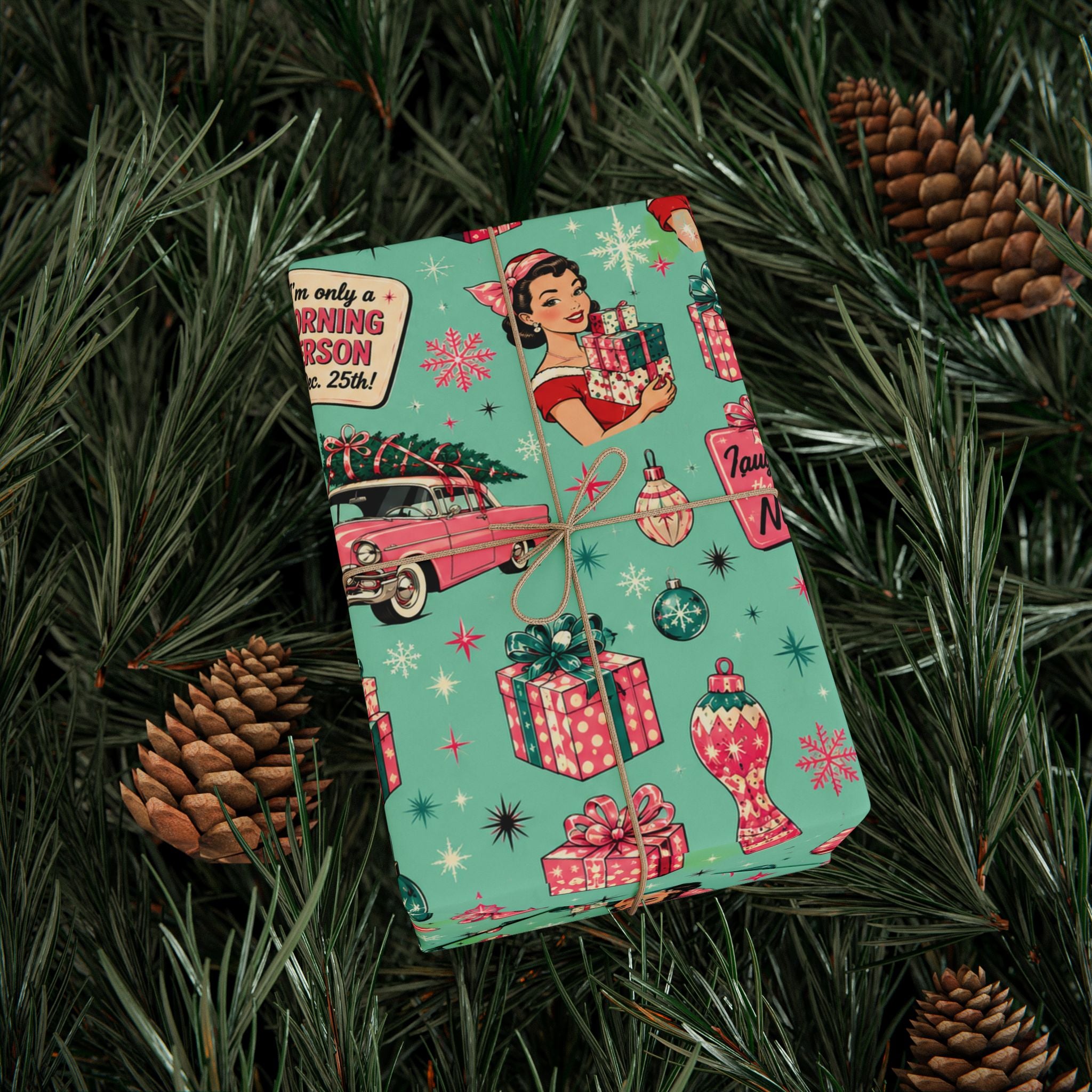 Funny Retro Christmas Wrapping Paper  Vintage Pink Holiday Gift Wrap  Mid Century Christmas Gifts Cute Nostalgic Xmas Paper