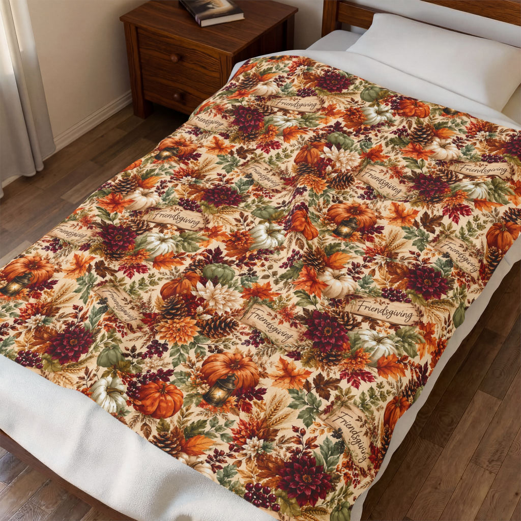 A cozy autumn-themed bedding set featuring a printed comforter or quilt with a Thanksgiving pattern, styled on a bed in a bedroom setting next to a wooden nightstand.