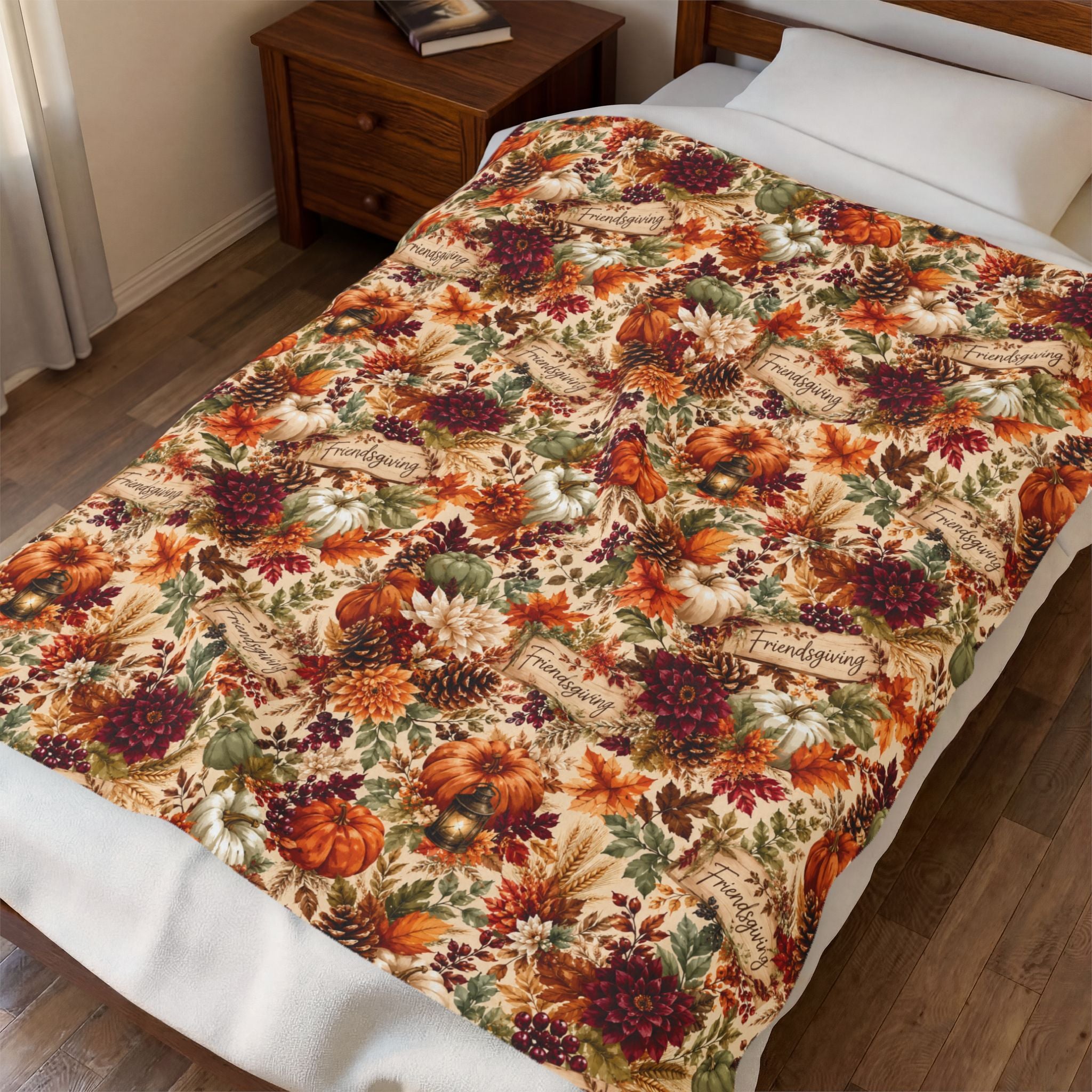 A cozy autumn-themed bedding set featuring a printed comforter or quilt with a Thanksgiving pattern, styled on a bed in a bedroom setting next to a wooden nightstand.