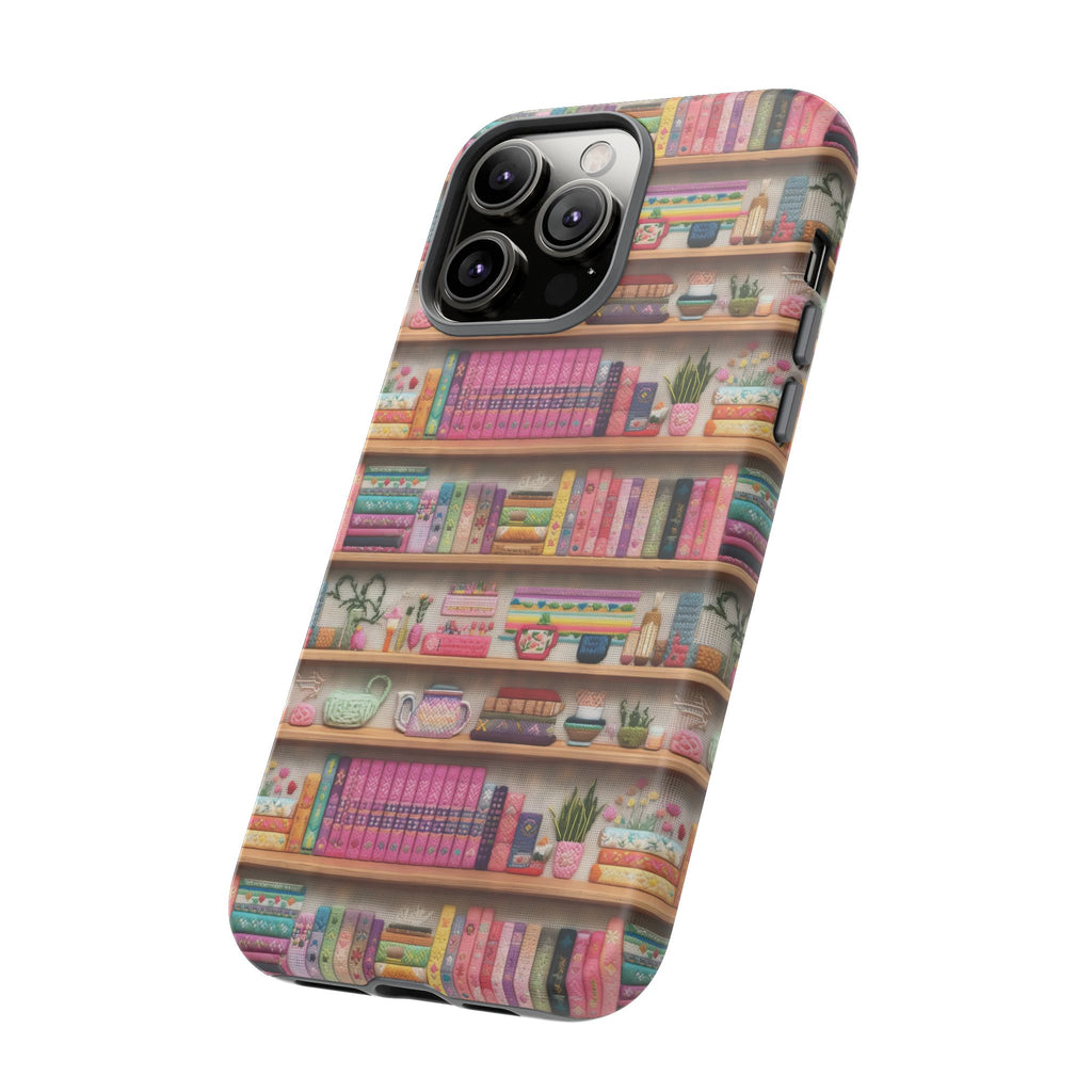 Whimsical 3D Embroidery Illusion Books on Pastel Shelves Phone Case for iPhone, Samsung & Pixel: Unique Accessory for Literary Enthusiasts Gift for Her Perfect for Floral Lover