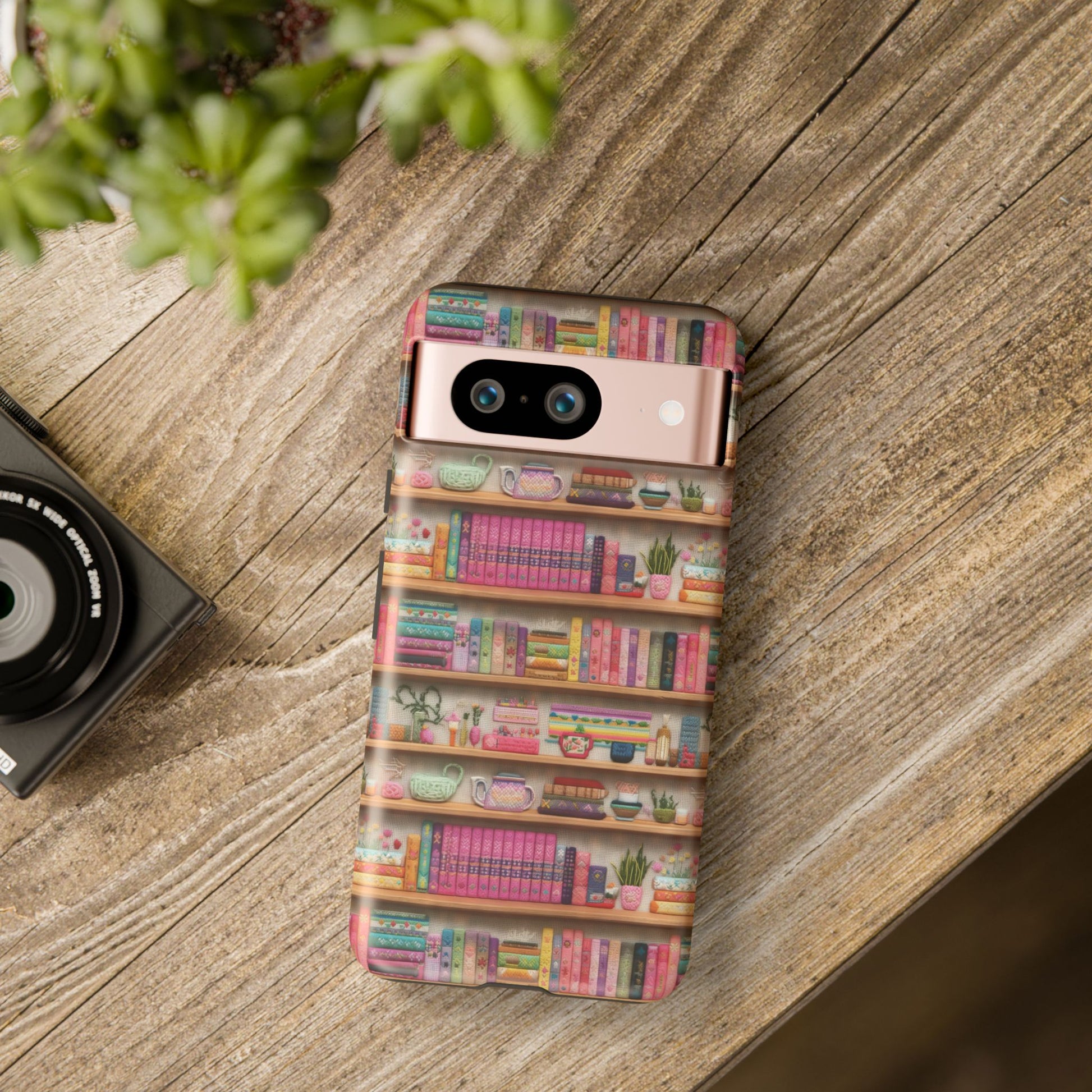 Whimsical 3D Embroidery Illusion Books on Pastel Shelves Phone Case for iPhone, Samsung & Pixel: Unique Accessory for Literary Enthusiasts Gift for Her Perfect for Floral Lover