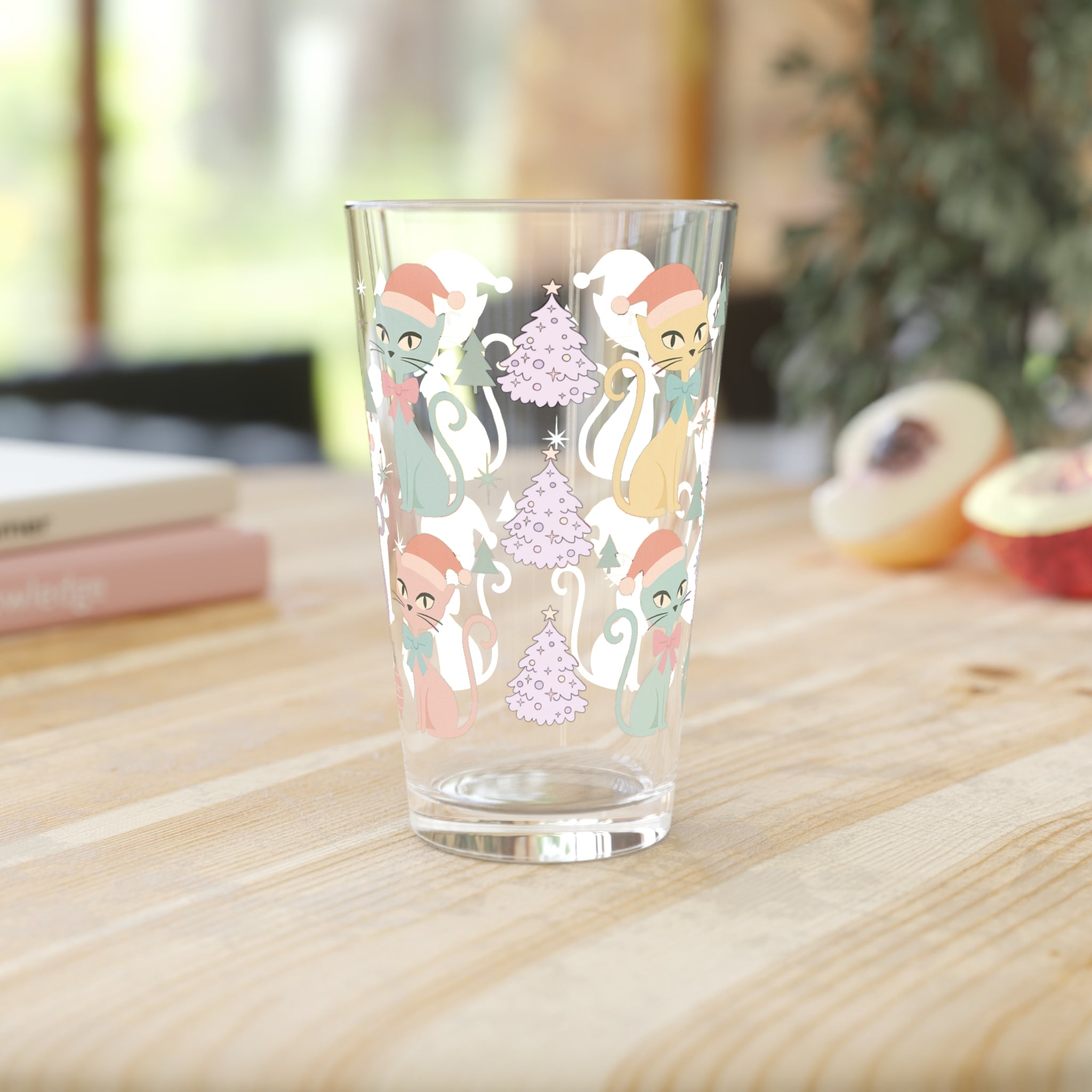 Pastel Atomic Cat Pint Glass, 16oz Retro Mid Century Modern Drinkware, Vintage Kitty Cup with Coquette Bow, Cute Aesthetic Bar Glass for Cat Lovers