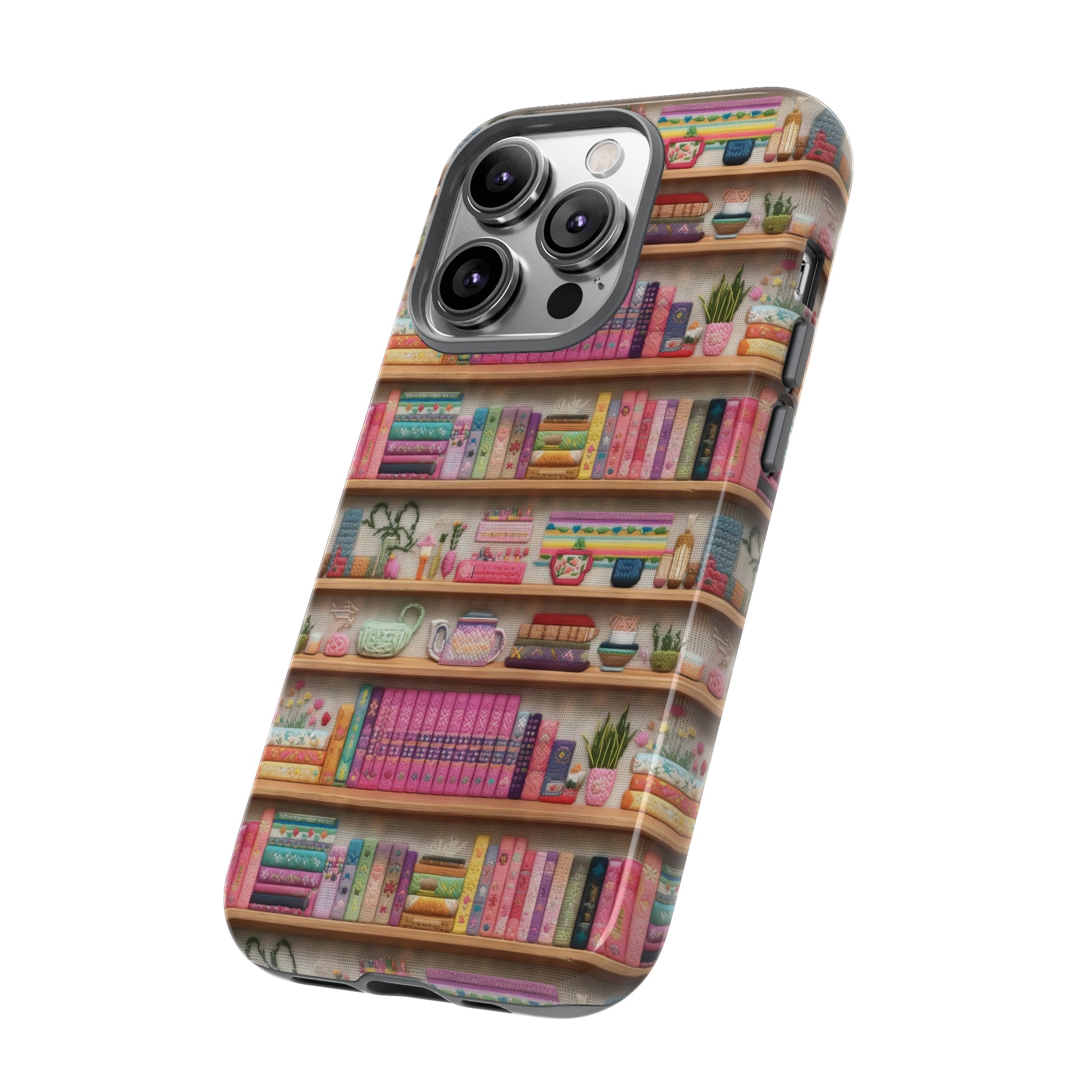 Phone Case 3D Illusion Books & Shelf Embroidery Design with Vibrant Colors Gift for Her Phone 15, Samsung iPhone Samsung Gift for Her Case iPhone 15, Samsung iPhone Samsung Accessory Gift for Her.