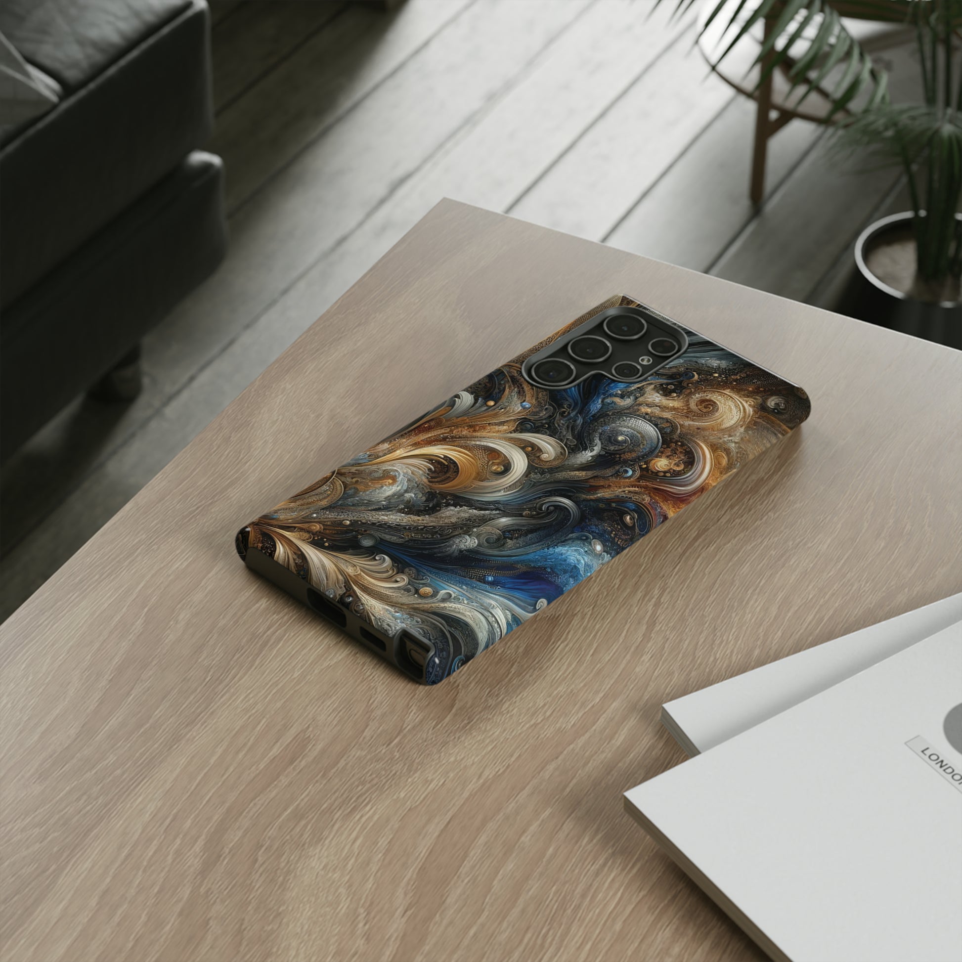 Gold and Navy Art Design Luxury Phone Tough Case Floral Elegant Durable Stylish for Modern Devices iPhone 15, Samsung iPhone Samsung Accessory Gift for Her.