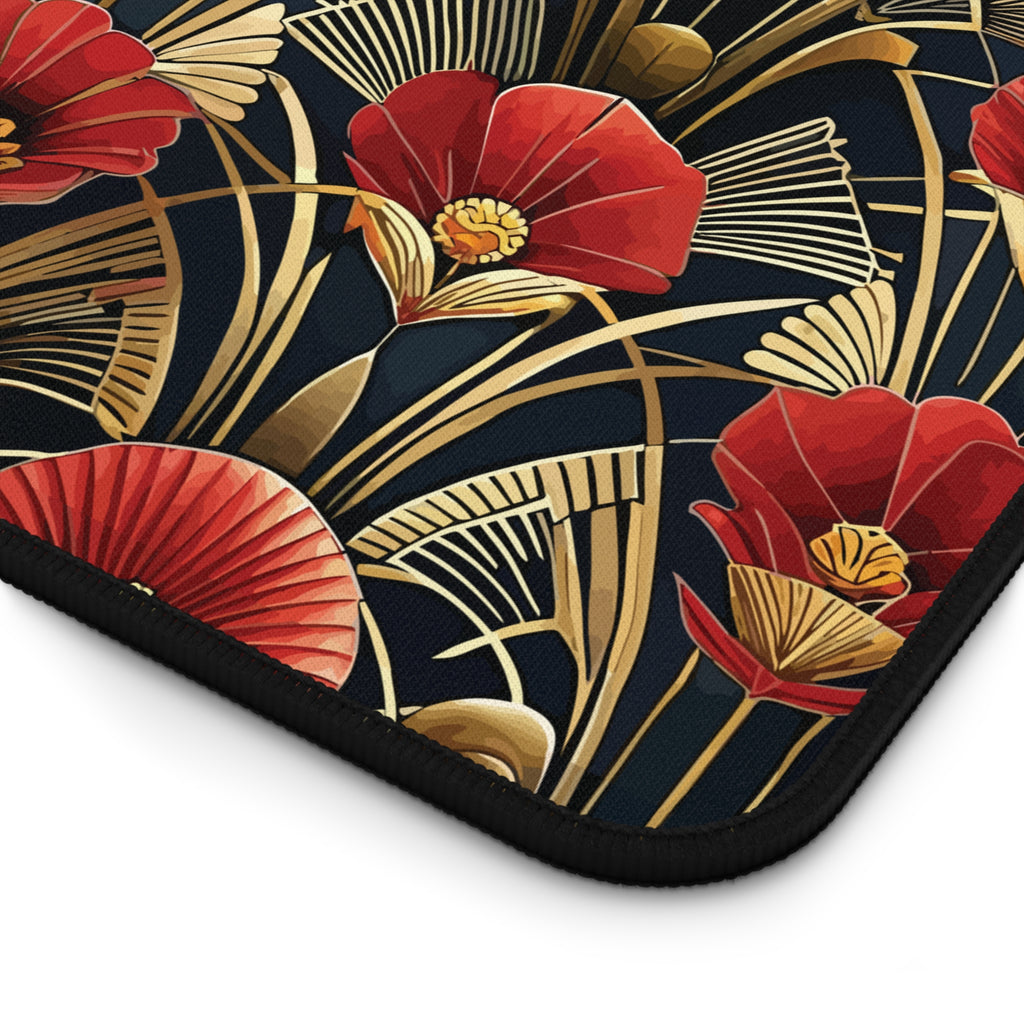 Tapis de bureau Art Déco Fleur Rouge Noir & Or — Tapis de souris floral vintage