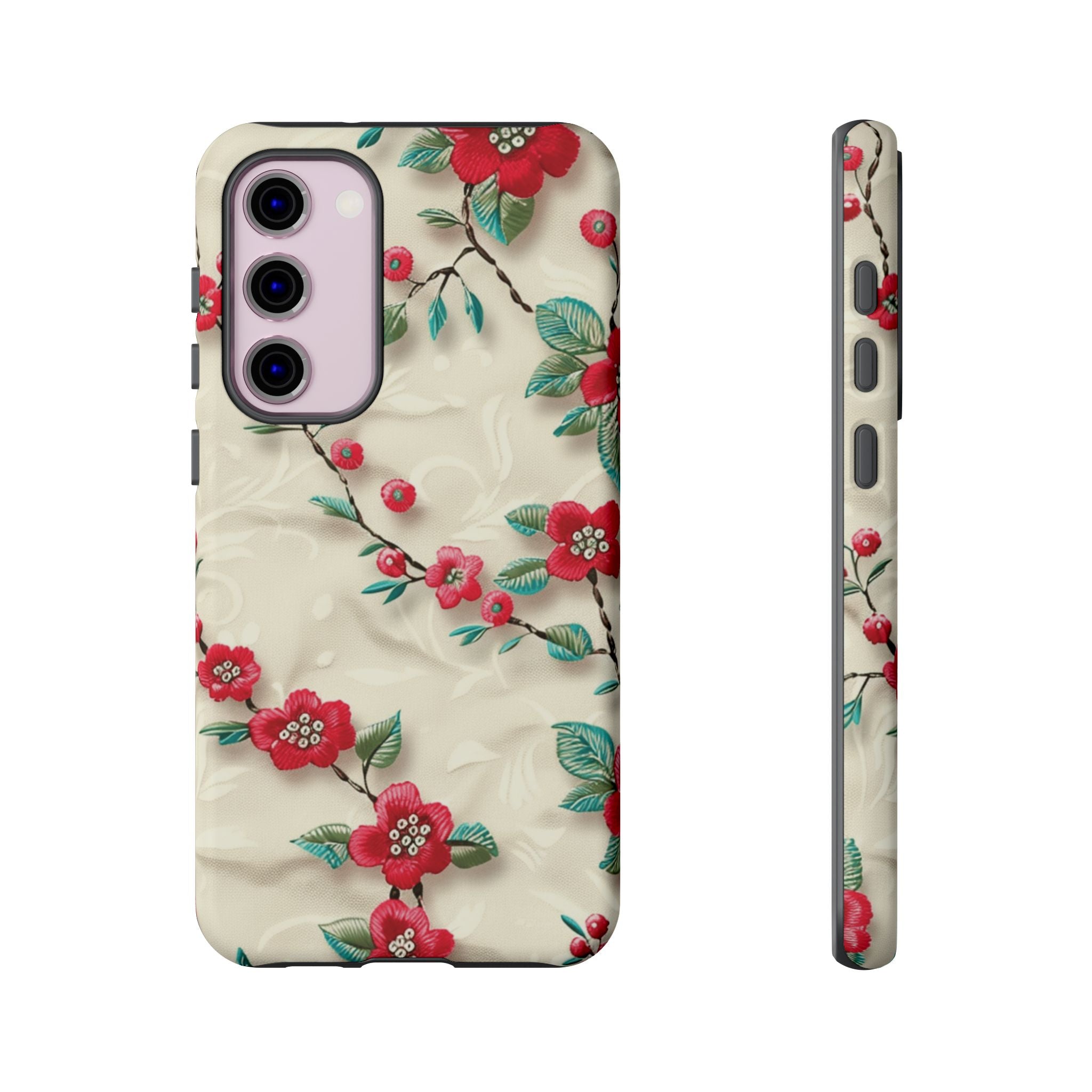 3D Embroidery Illusion Red Flowers Phone Case for iPhone, Samsung Pixel Artistic Floral Protection 15 14 13 12, 21 23 Gift for Her Perfect for Floral Lover
