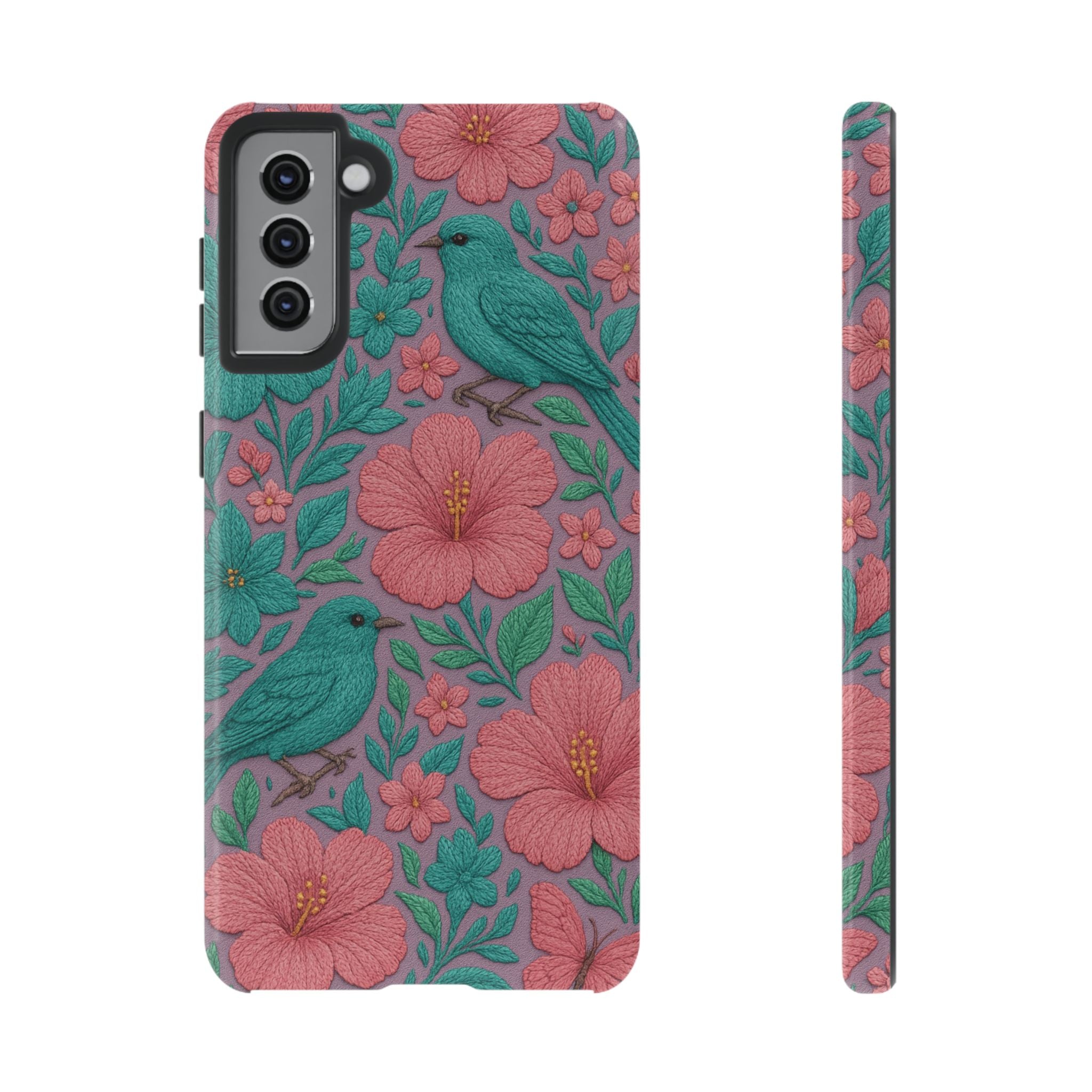 Turquoise, Pink and Lavender 3D Embroidery Illusion Phone Case Tropical Flowers, Birds & Butterflies Cover with Bold, Realistic Floral Texture iPhone, Samsung
