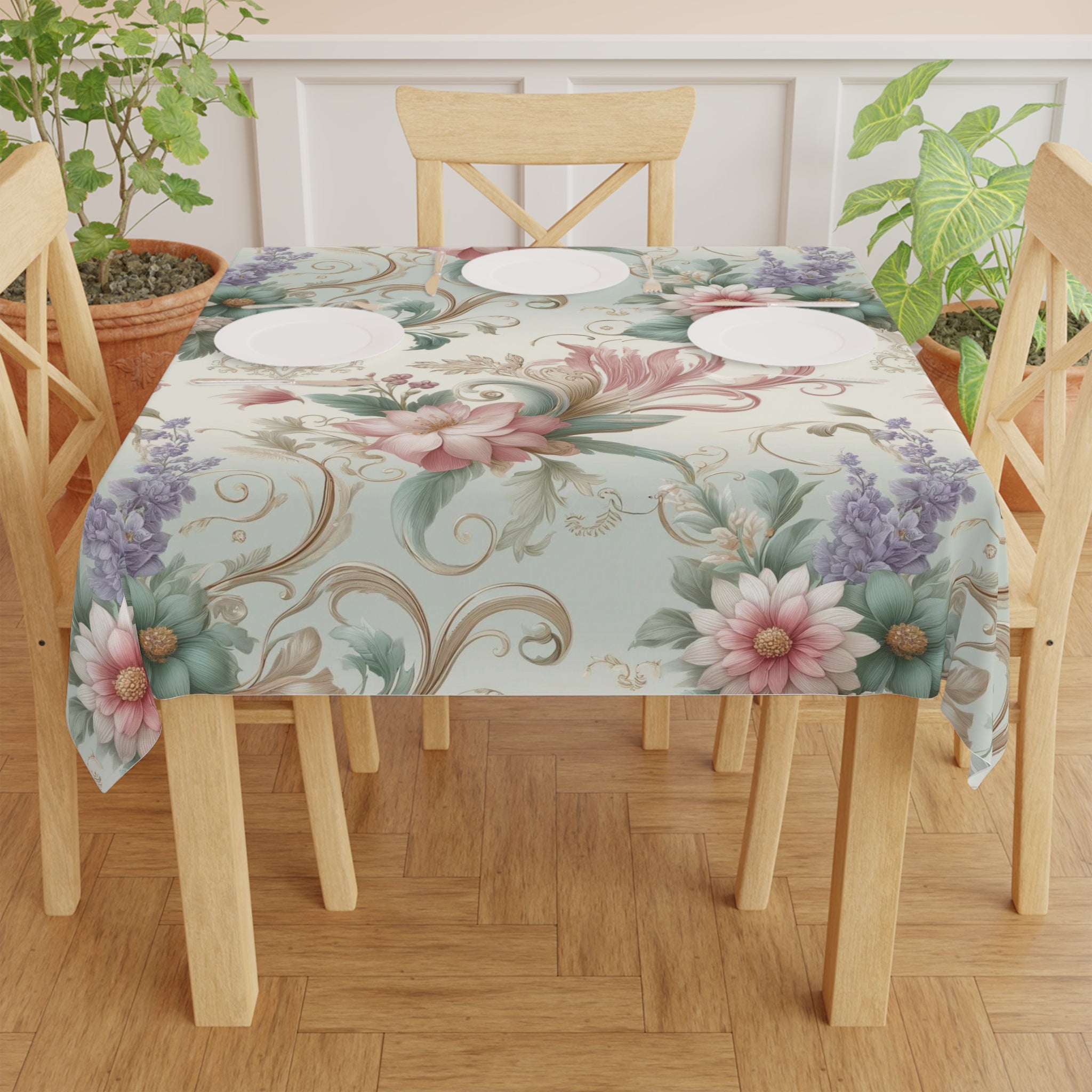 Elegant Floral Pastel Tablecloth with Delicate Leaves and Gold Accents - Perfect for Adding a Sophisticated Charm to Your Dining Room Weddings, Birthdays all Events  and Occasions - MRSBYVALLE