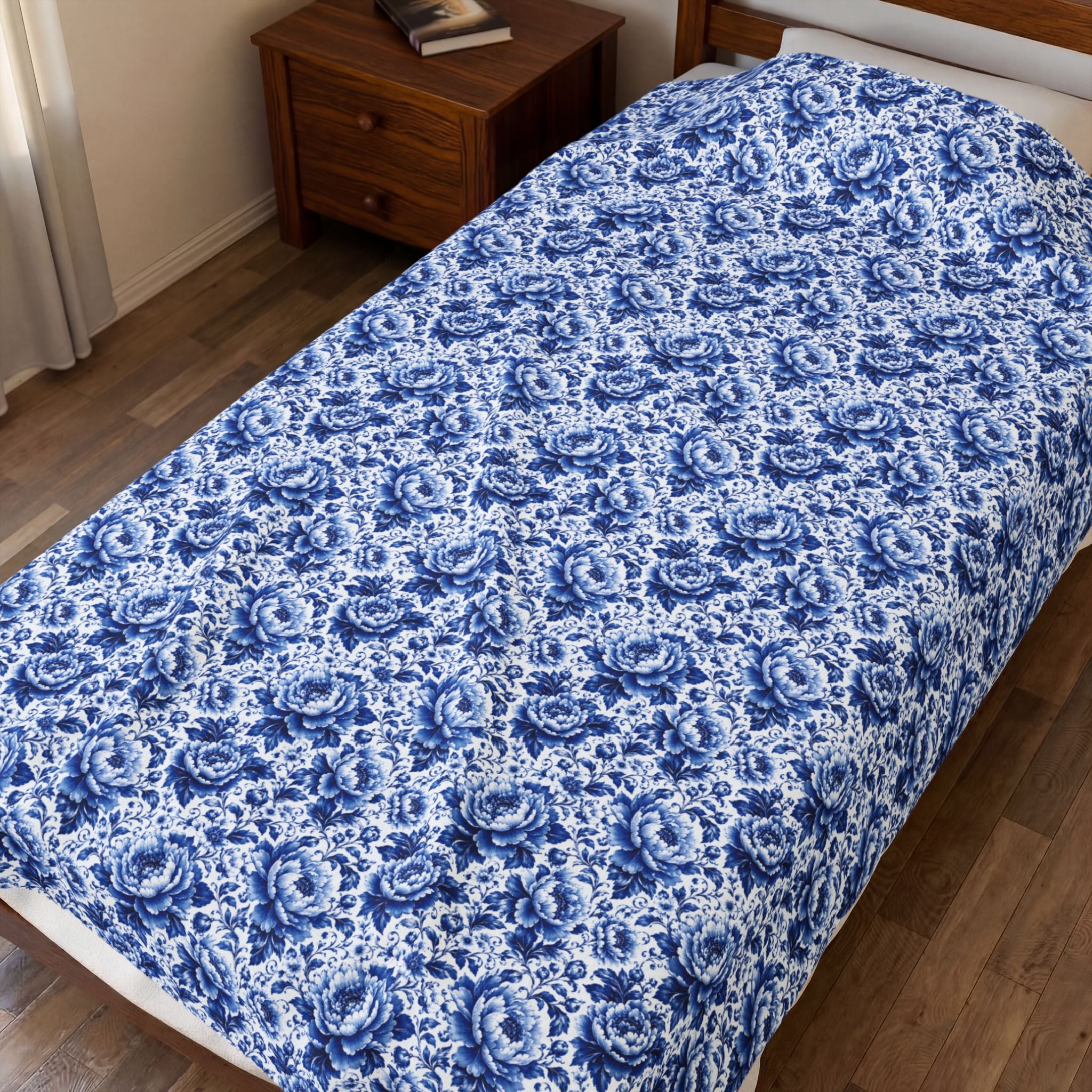 Blue Floral Velveteen Plush Blanket Soft Vintage Rose Throw Blue & White Chinoiserie Peony Elegant Floral Throw