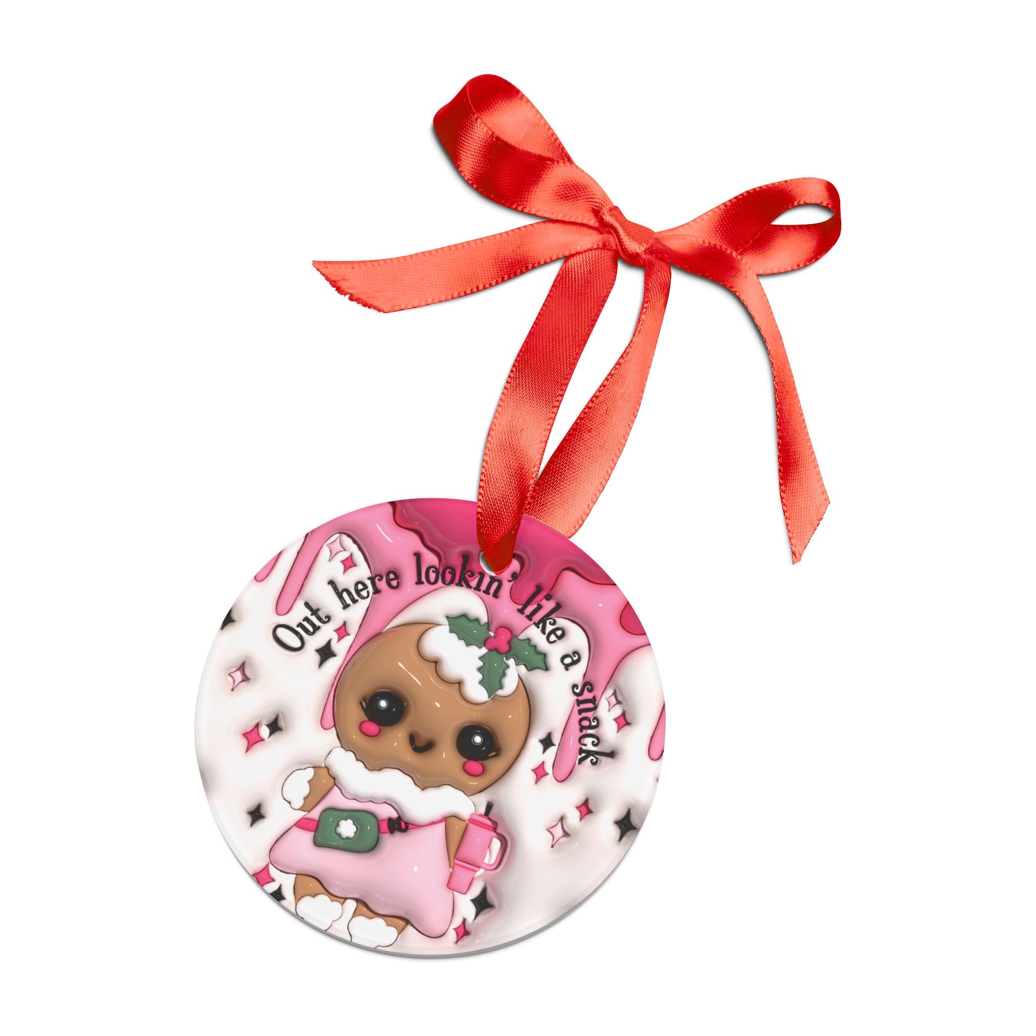 3D Inflated Illusion Christmas Ornament with Red Ribbon Unique Holiday Decor, Perfect for Tree Decoration, Festive Home Accents, 2.9x2.9 Inches, Glossy Finish - MRSBYVALLE