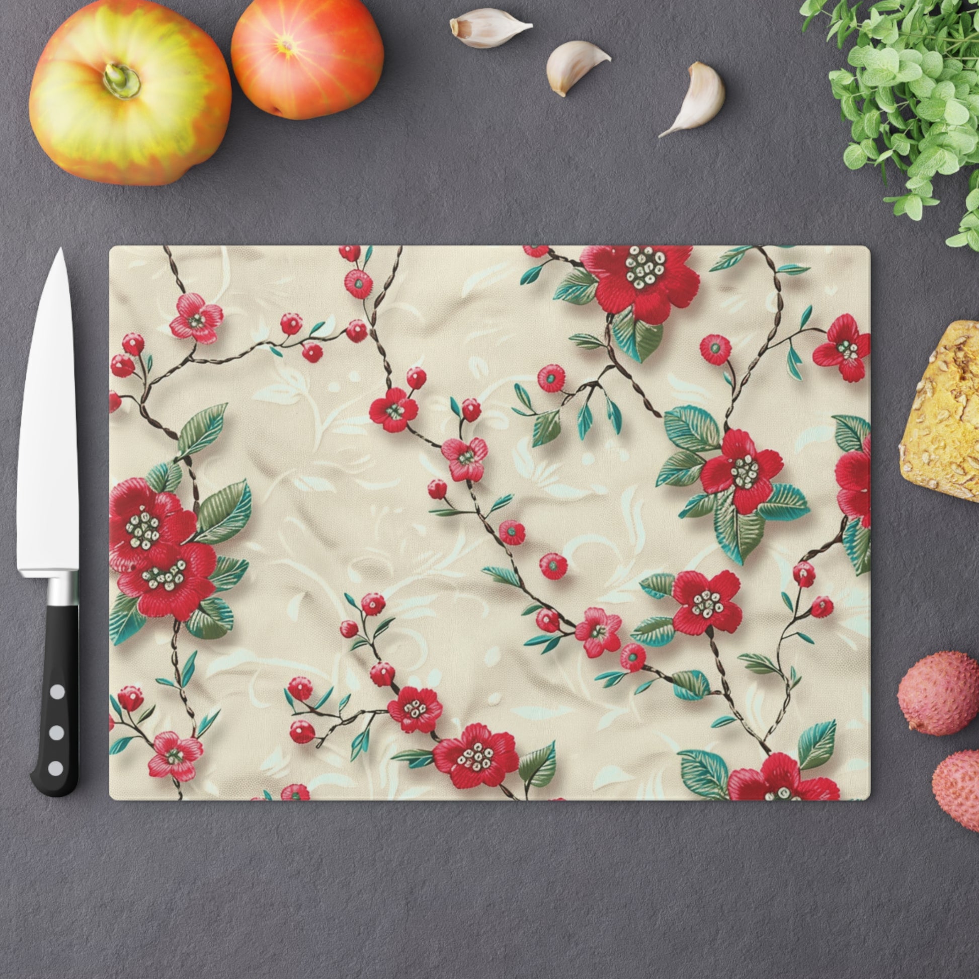 Vibrant 3D Embroidery Illusion Red Flowers Tempered Glass Cutting Board: Durable & Stylish for Cooking and Serving Stylish Cooking Kitchen Decor Housewarming, New House Gift - MRSBYVALLE