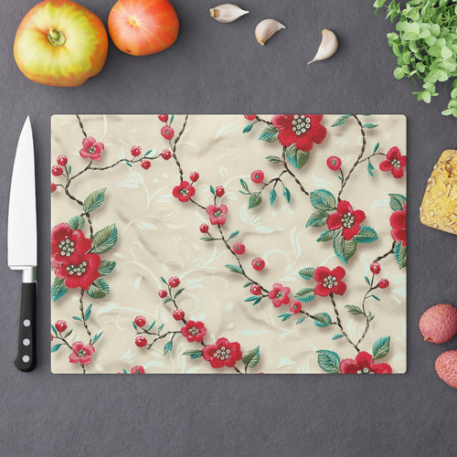Vibrant 3D Embroidery Illusion Red Flowers Tempered Glass Cutting Board: Durable & Stylish for Cooking and Serving Stylish Cooking Kitchen Decor Housewarming, New House Gift - MRSBYVALLE