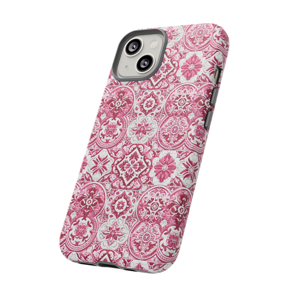 Pink and White Mediterranean Tile Design Phone Case - Stylish, Protective Cover for All Models Gift for Mom Accessory Gift for Her