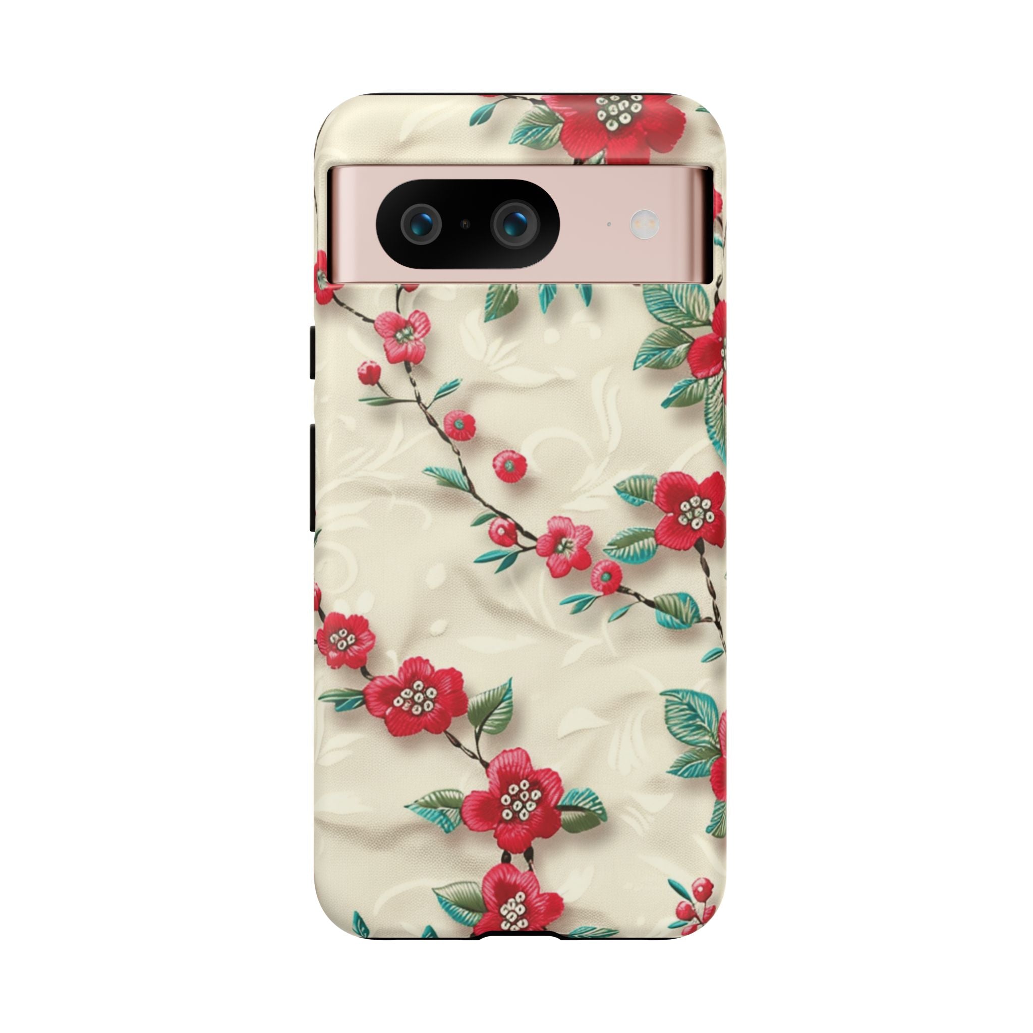 3D Embroidery Illusion Red Flowers Phone Case for iPhone, Samsung Pixel Artistic Floral Protection 15 14 13 12, 21 23 Gift for Her Perfect for Floral Lover
