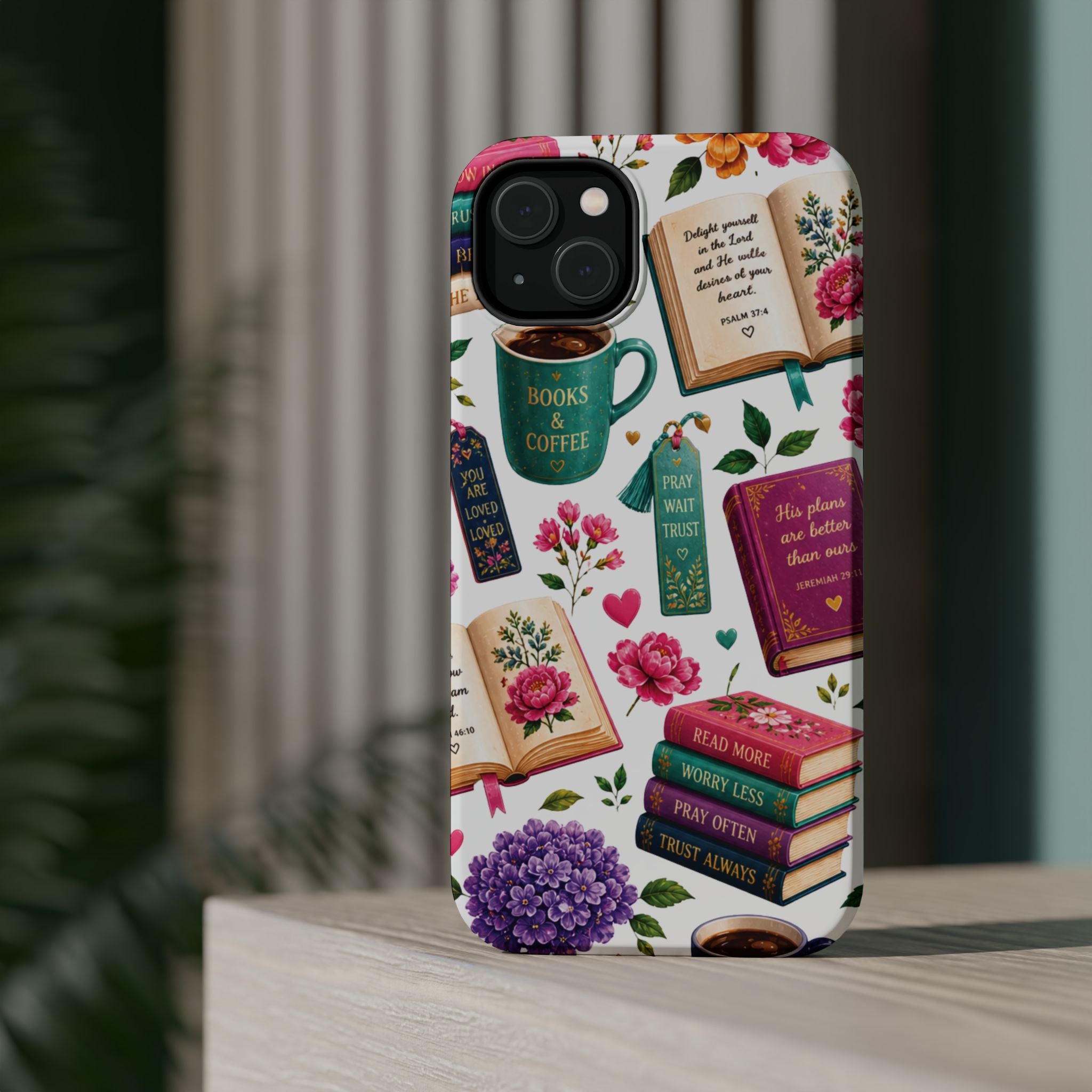 Christian Books & Coffee Phone Case — Magnetic Impact-Resistant Christian Gift