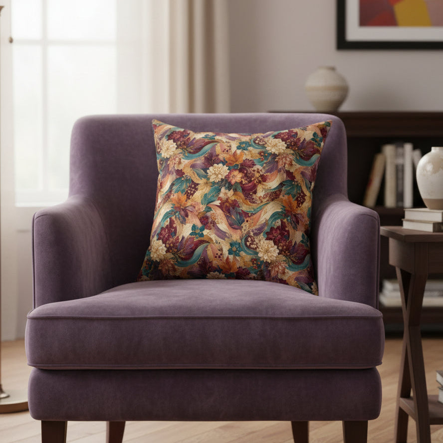 A square throw pillow featuring an intricate vintage floral and botanical pattern in warm autumnal tones of rust red, teal, mustard yellow, and cream, set against a plain white background.