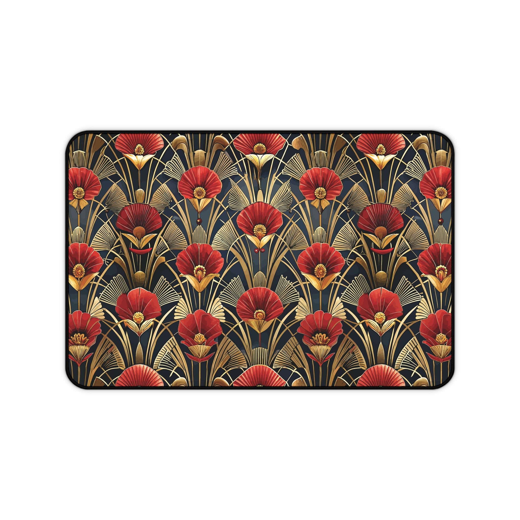 Art Deco Red Flower Black & Gold Desk Mat — Vintage Floral Desk Pad