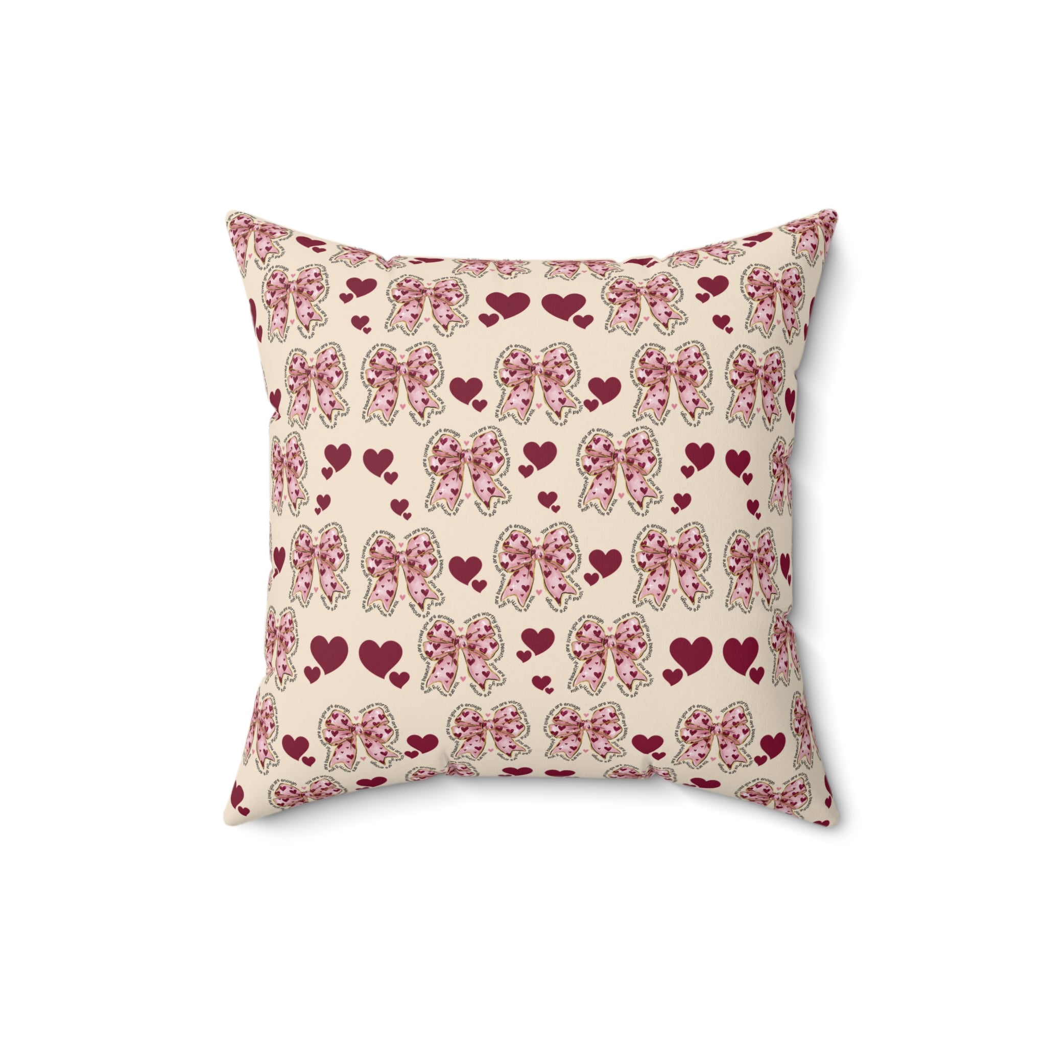 Charming Hearts & Pink Bows Square Pillow  Stylish Home Decor Accent for Living Room, Bedroom, or Gifts | Soft & Durable 100% Polyester with Double-Sided Print - MRSBYVALLE