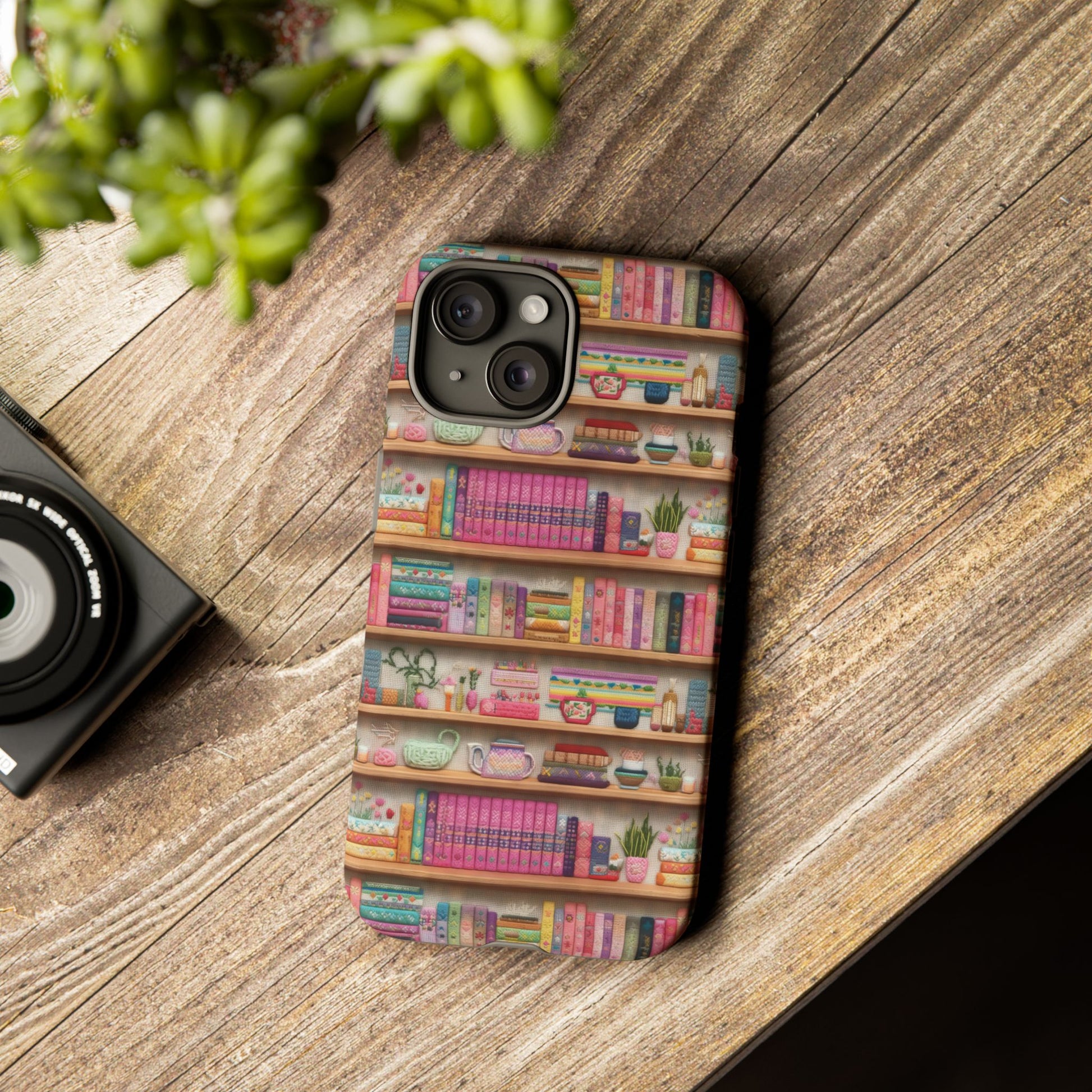 Whimsical 3D Embroidery Illusion Books on Pastel Shelves Phone Case for iPhone, Samsung & Pixel: Unique Accessory for Literary Enthusiasts Gift for Her Perfect for Floral Lover