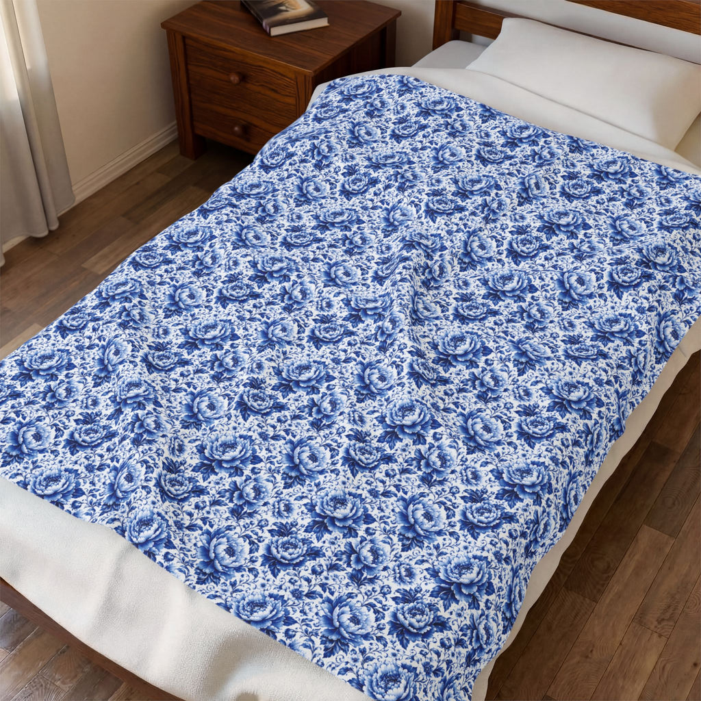 Blue Floral Velveteen Plush Blanket Soft Vintage Rose Throw Blue & White Chinoiserie Peony Elegant Floral Throw
