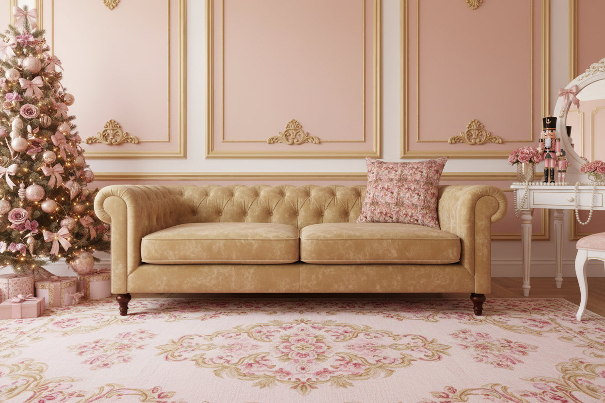 Decorative pillow with pink ballerina and bow pattern on a white background