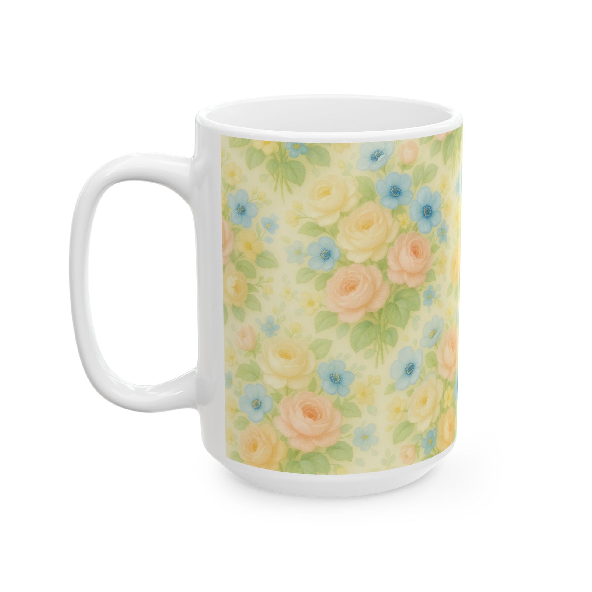 Vintage Pastel Yellow Floral Coffee Mug – 11 & 15oz Ceramic Mug, Romantic Gift for Her, Cottagecore Aesthetic, Cozy Hot Chocolate or Tea Mug for Home Decor