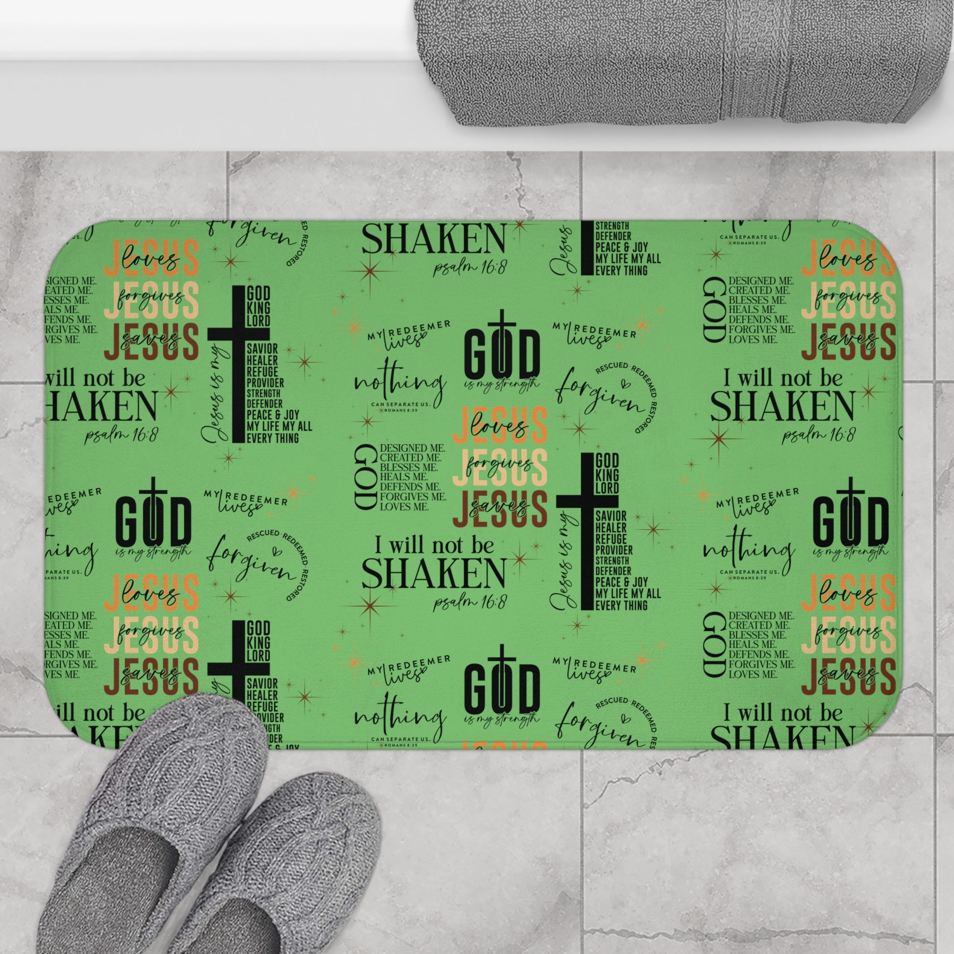 Christian Bath Mat with All-Over Jesus Quotes & Bible Verses – Non-Slip, Absorbent, Machine Washable, Soft Memory Foam, Faith Decor for Home Bathrooms Comfort Home