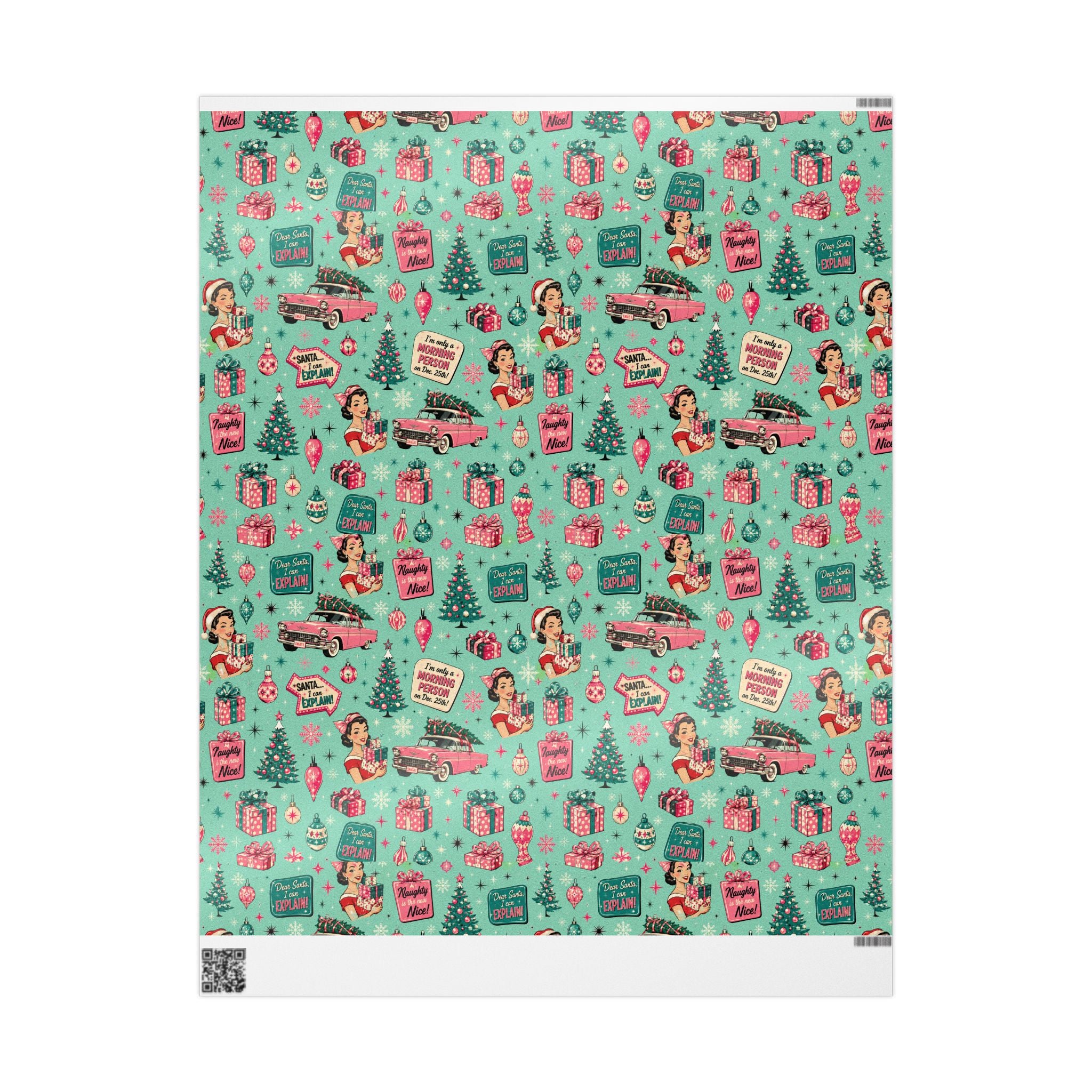 Funny Retro Christmas Wrapping Paper  Vintage Pink Holiday Gift Wrap  Mid Century Christmas Gifts Cute Nostalgic Xmas Paper