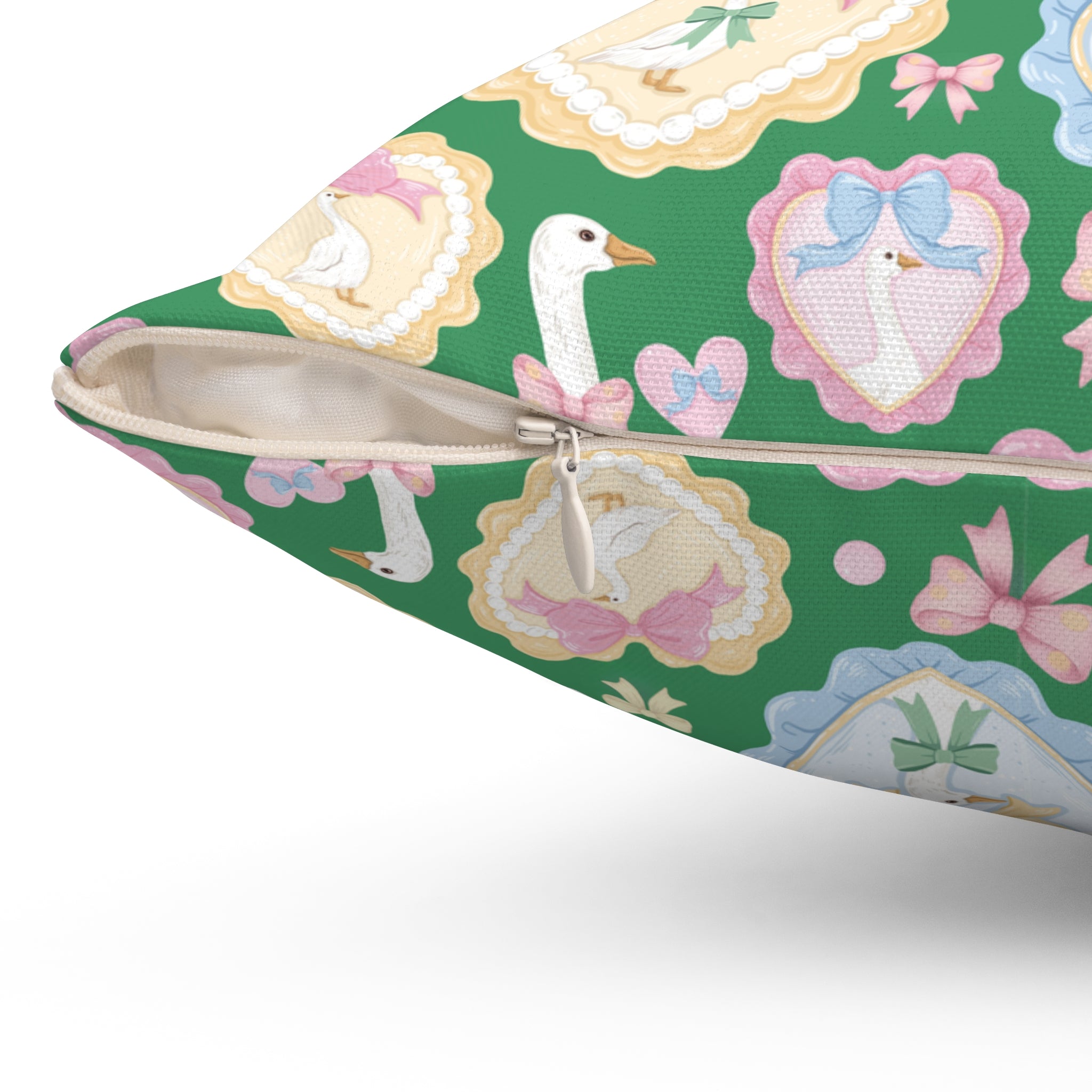 Whimsical Silly Goose Green Pillow with Pastel Bows & Hearts – Bedroom & Living Room Decor