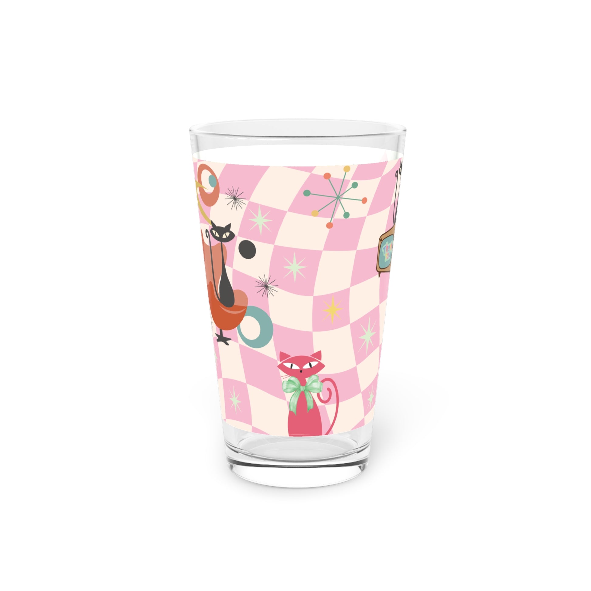 Pink and Mint Atomic Cat 16oz Pint Glass Mid-Century Modern Retro Style for Cocktails, Mocktails, Beer, and Water Perfect for Every Occasion Mother's Day Party Drinkware, Housewarming Perfect Gift Party Drinkware, Cocktail, Wedding Perfect for Parties - MRSBYVALLE