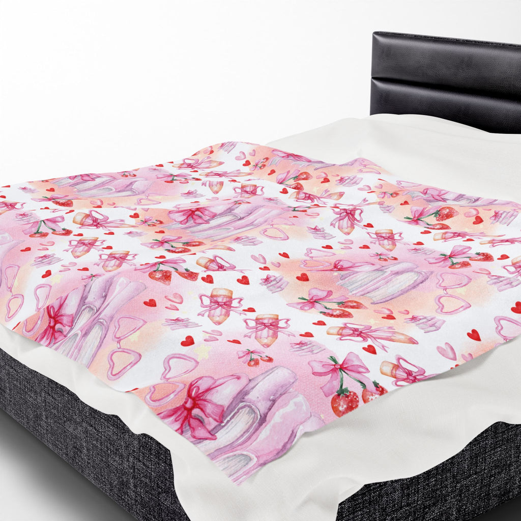 Romantic Pink Watercolor Books Bows Velveteen Plush Blanket Cozy Book Nook