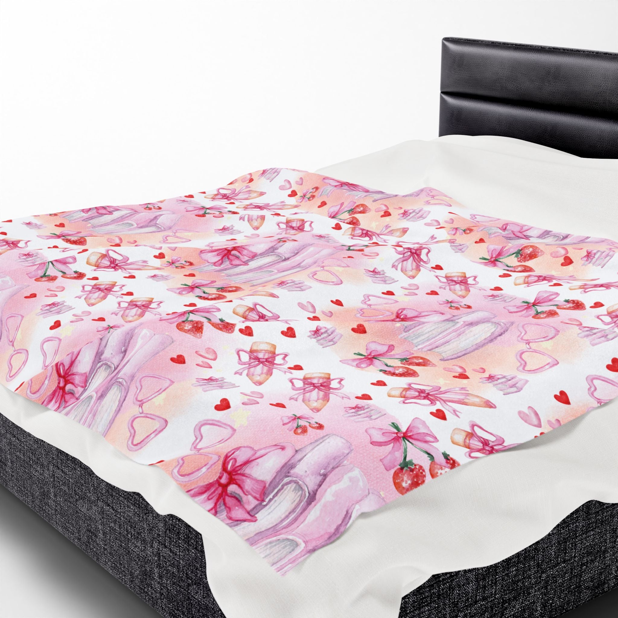 Romantic Pink Watercolor Books Bows Velveteen Plush Blanket Cozy Book Nook