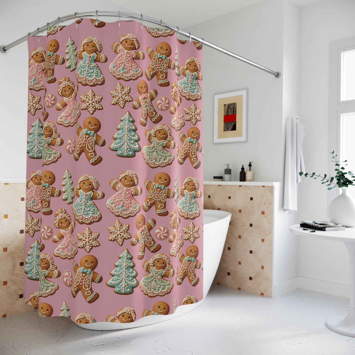 Gingerbread Holiday Shower Curtain — Pink Cookie Pattern with Trees, Angels & Snowflakes