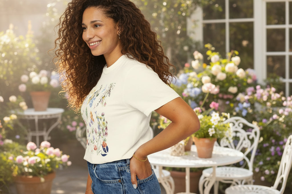Woman wearing a white t-shirt with colorful graphics and blue jeans on a white background